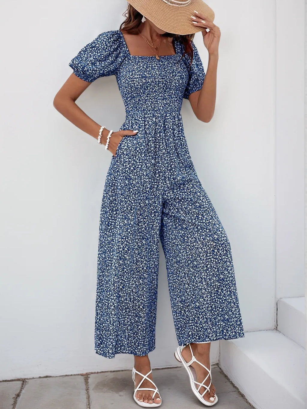 Printed Square Neck Puff Sleeve Jumpsuit by Trendsi