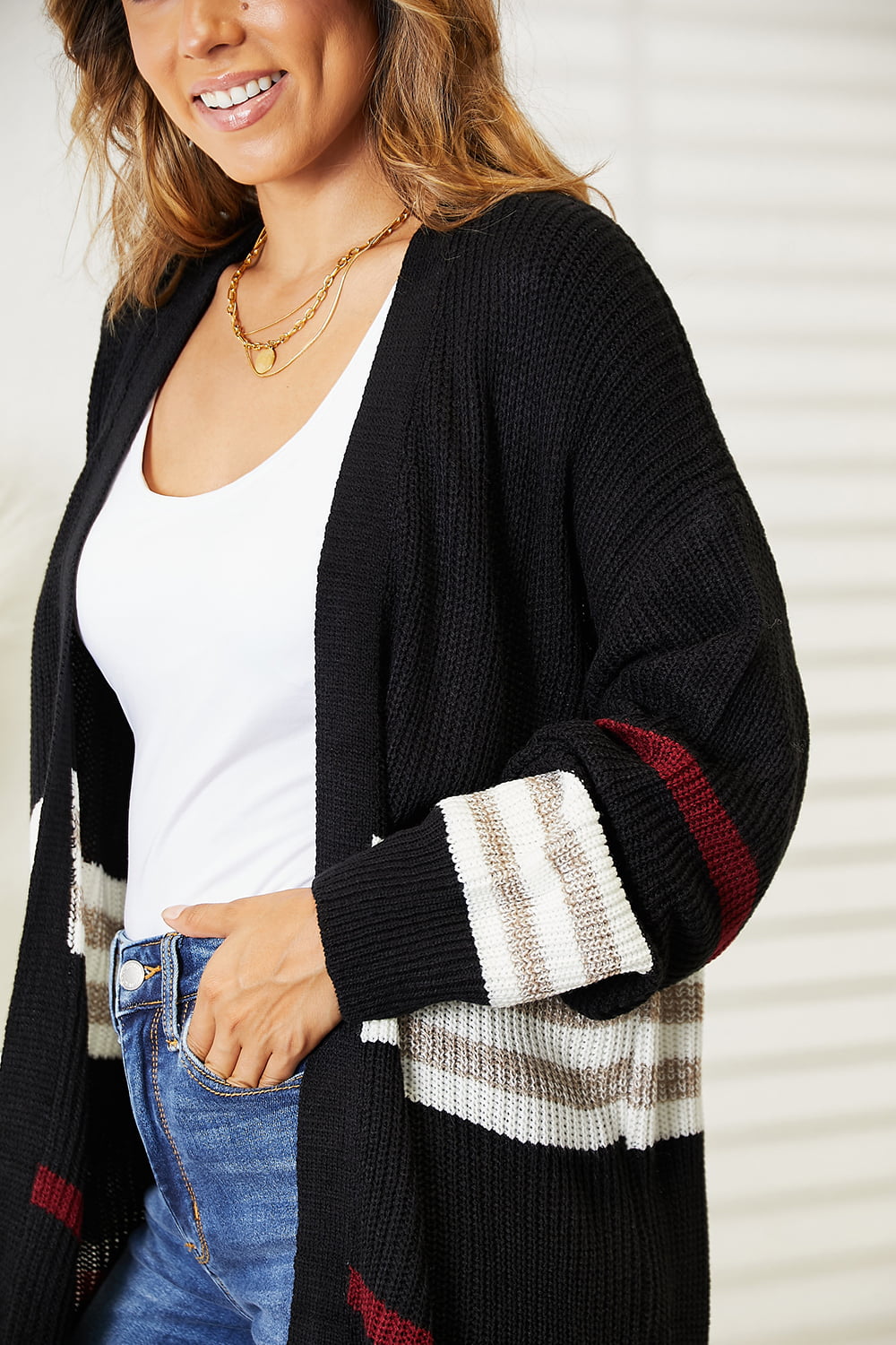 Perfee Striped Rib-Knit Drop Shoulder Open Front Cardigan by Trendsi