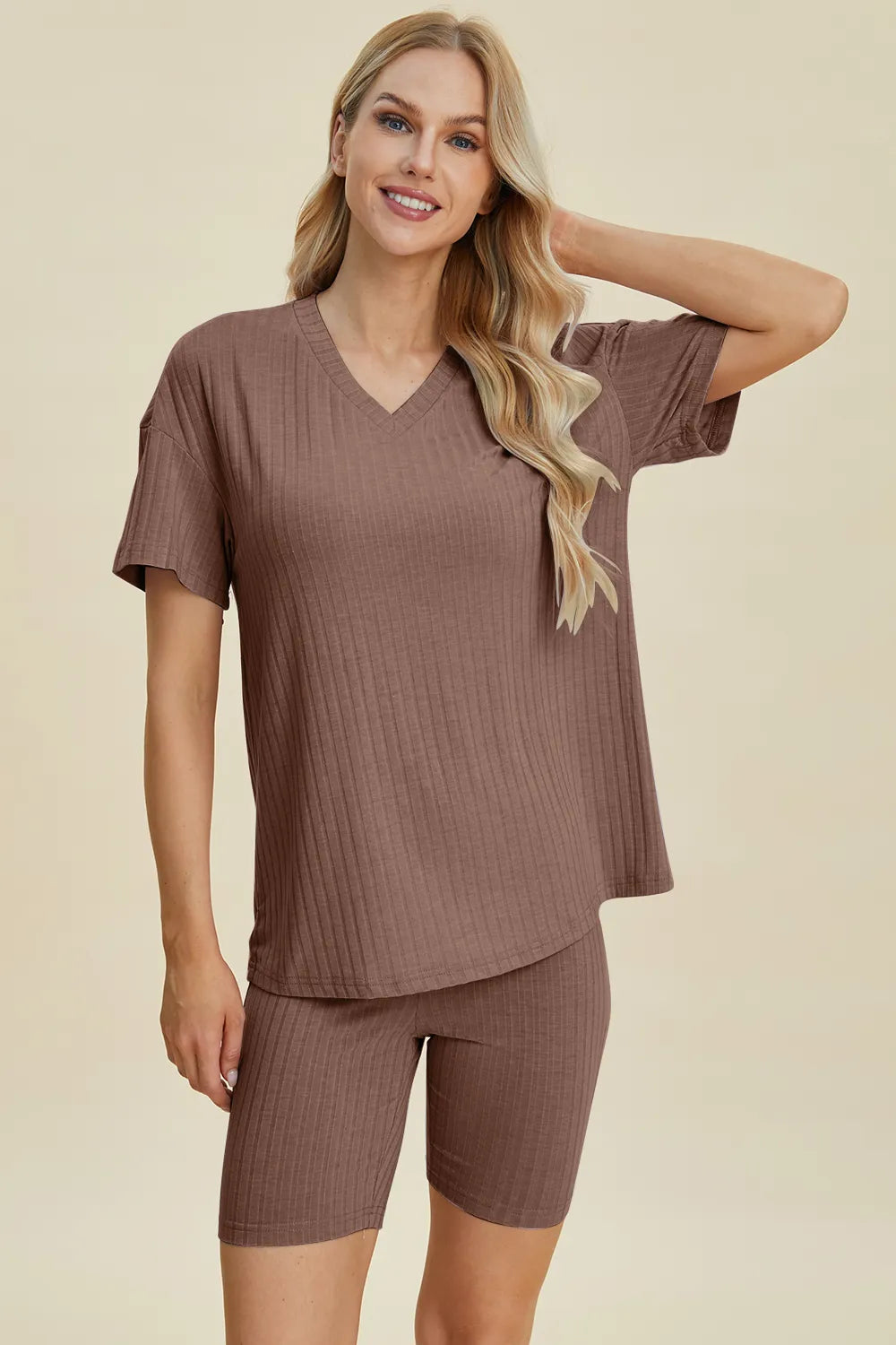 Basic Bae Full Size Ribbed V-Neck Short Sleeve Top and Shorts Set by Trendsi