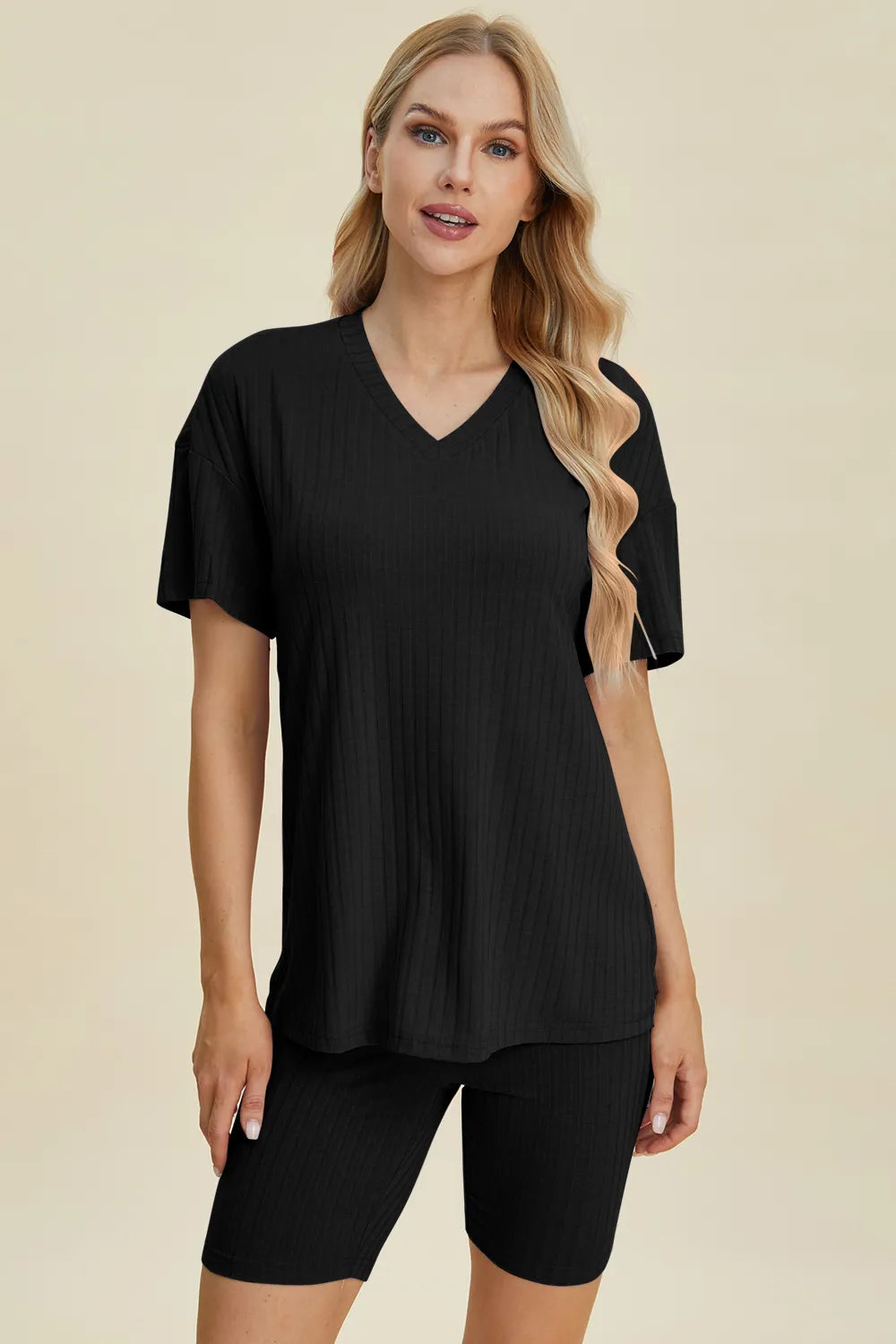 Basic Bae Full Size Ribbed V-Neck Short Sleeve Top and Shorts Set by Trendsi
