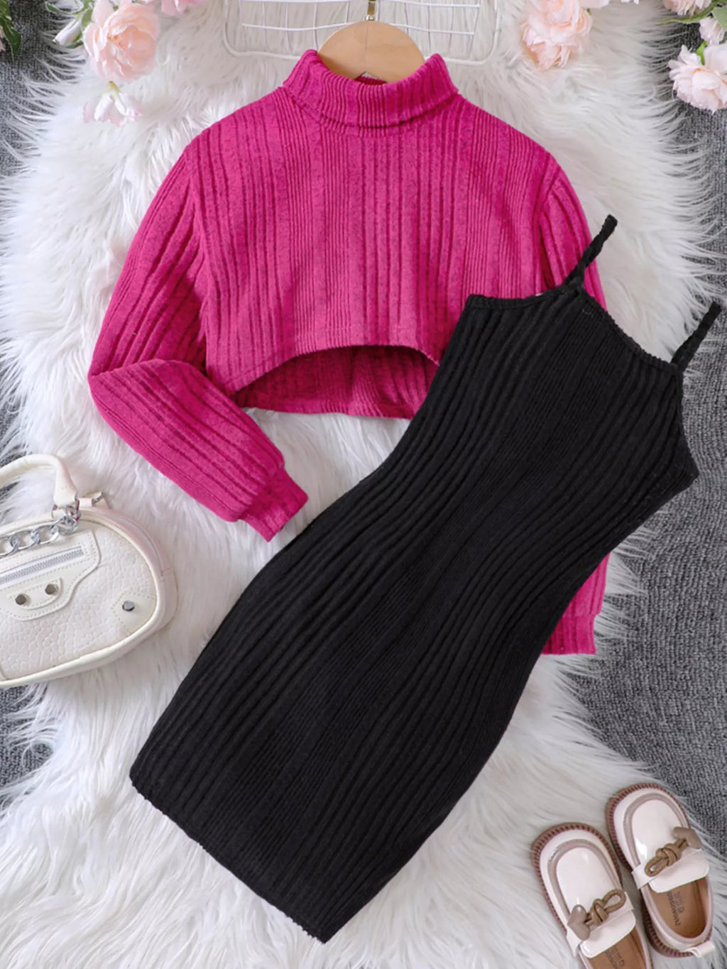 Children's Ribbed Knit Two-Tone Dress Set by Trendsi