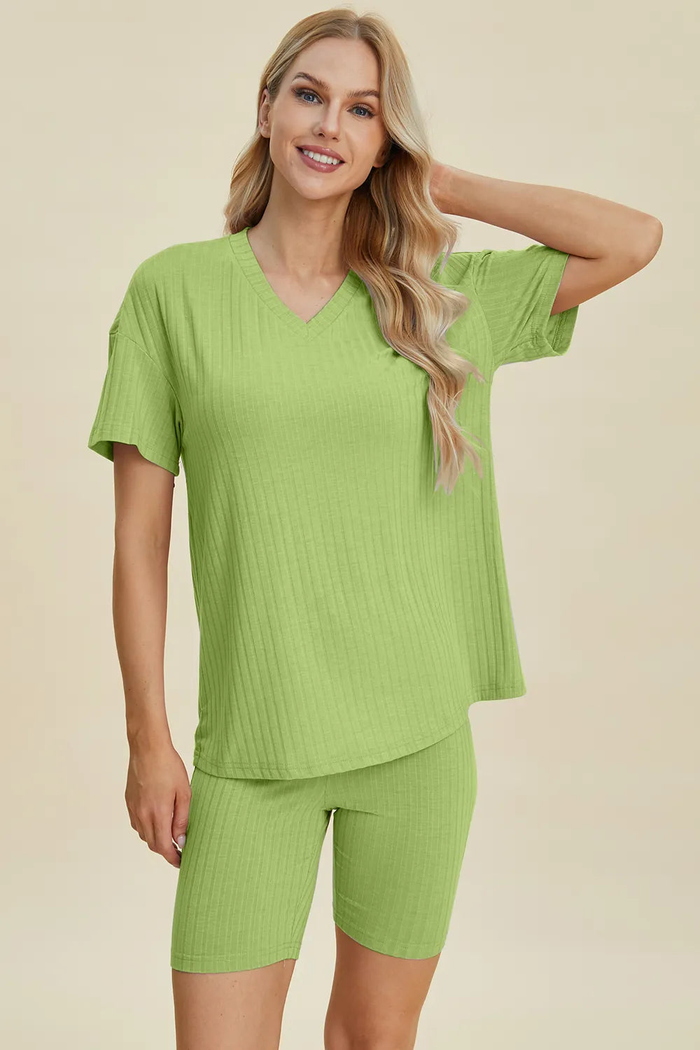 Basic Bae Full Size Ribbed V-Neck Short Sleeve Top and Shorts Set by Trendsi