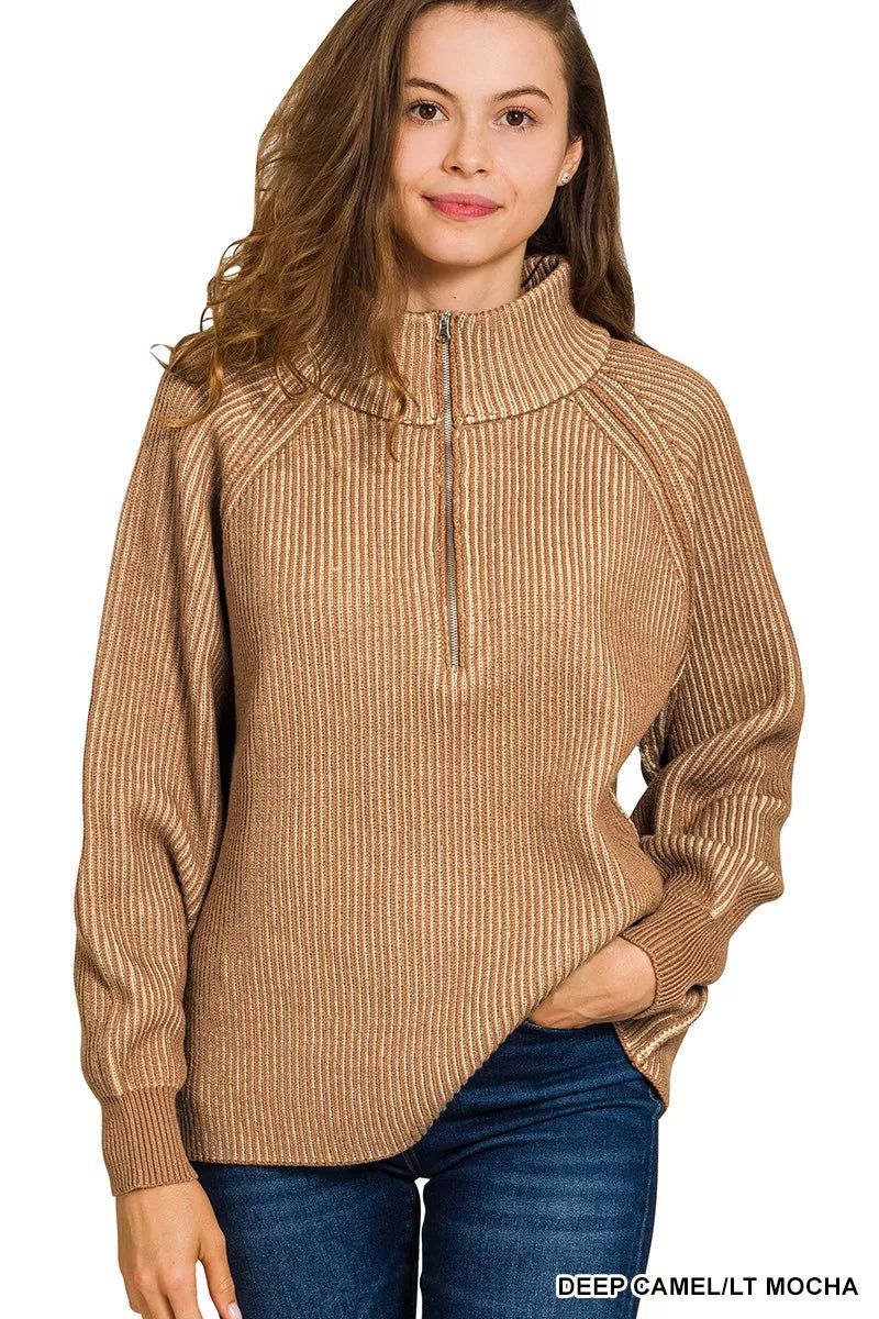 Zenana Ribbed Two Tone Half Zip Sweater by Trendsi