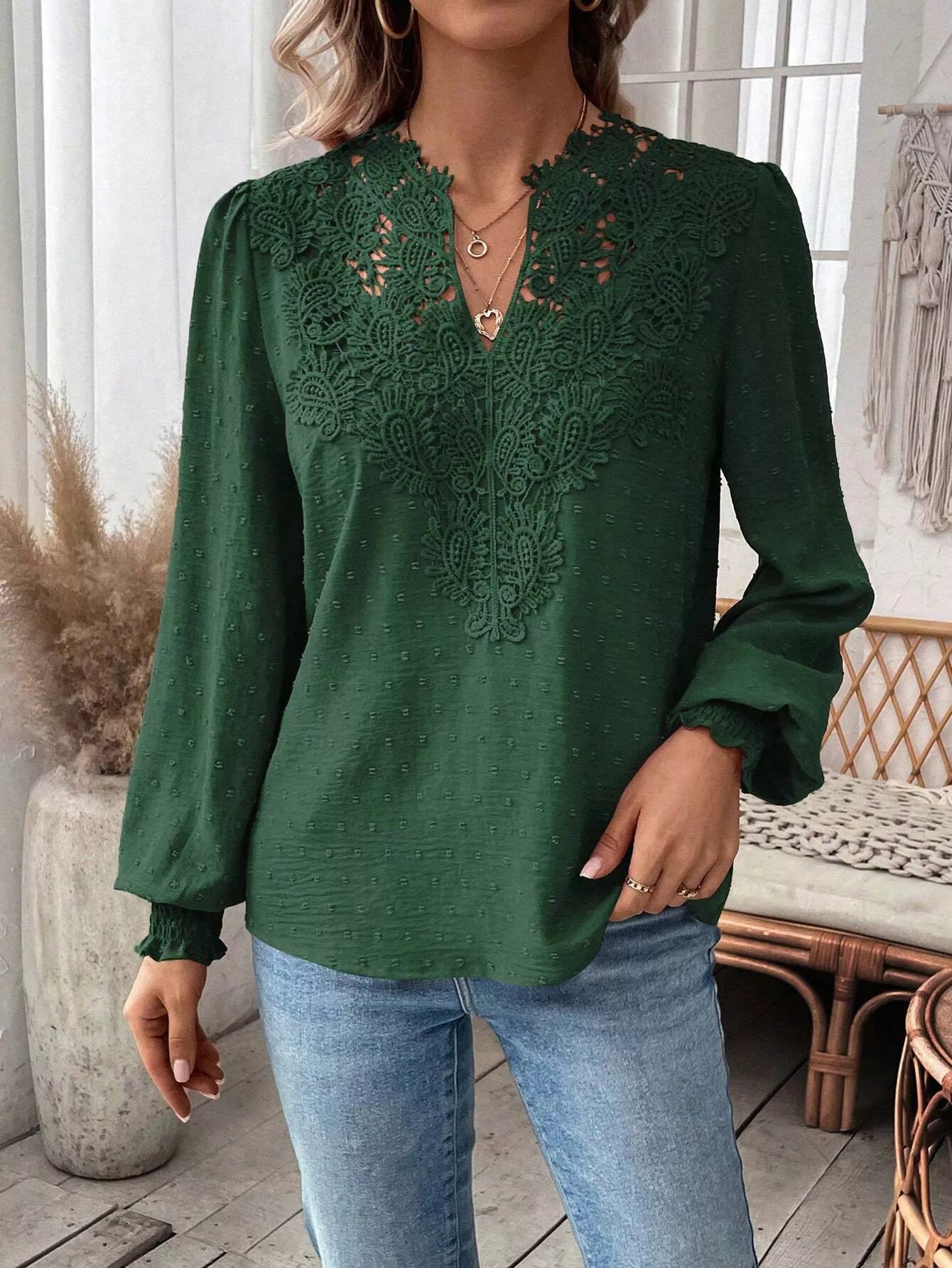 Swiss Dot Lace Detail Long Sleeve Blouse by Trendsi