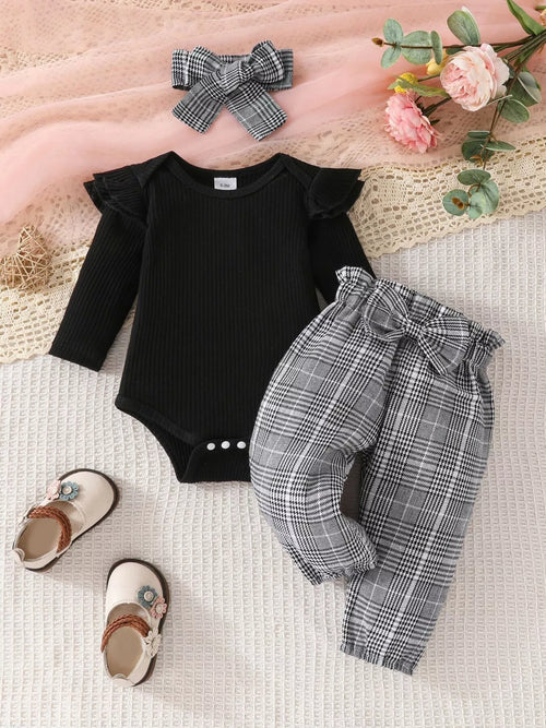 Children's Bodysuit & Plaid Pants & Headband Set by Trendsi