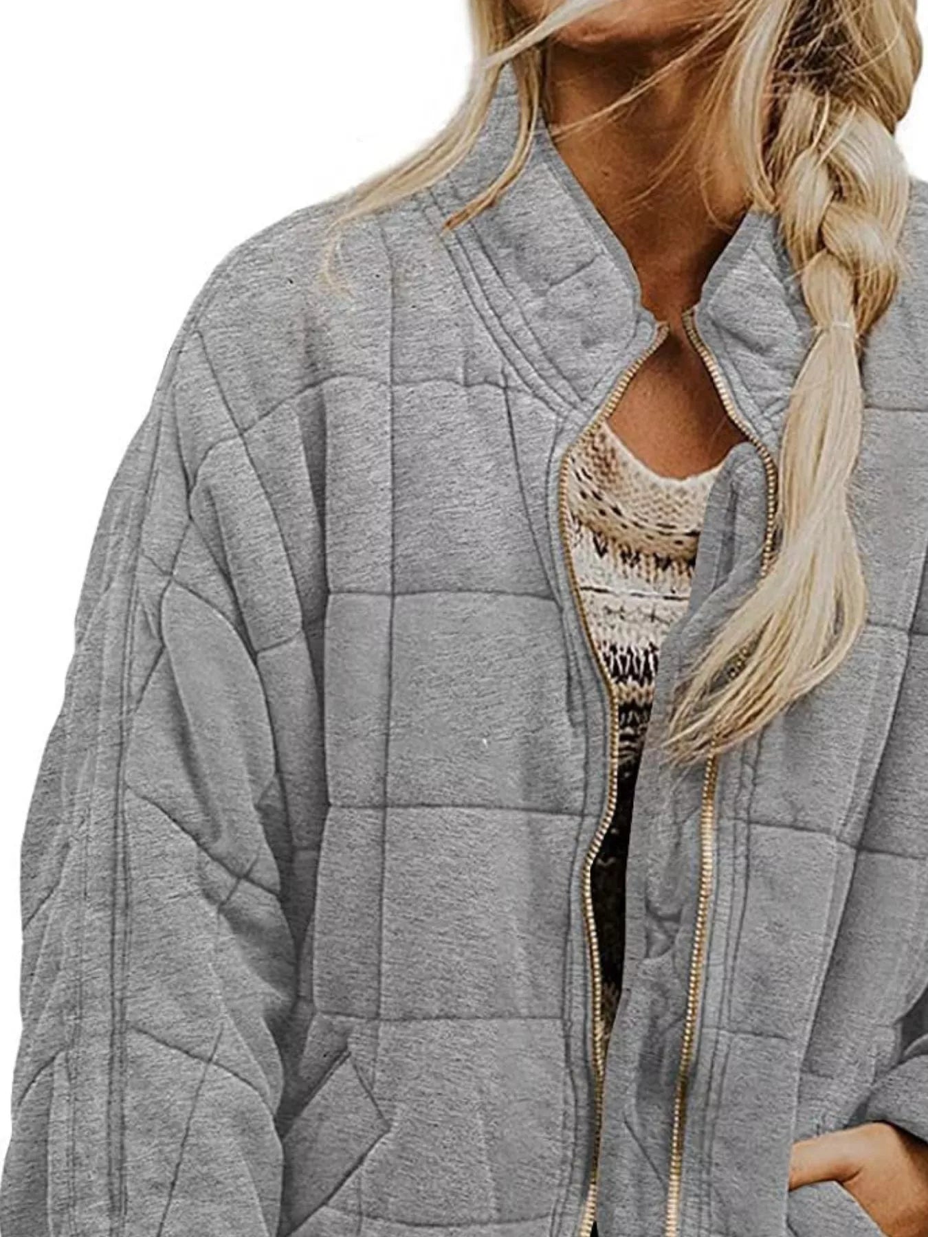 Full Size Zip Up Quilted Bomber Jacket Plus Size by Trendsi