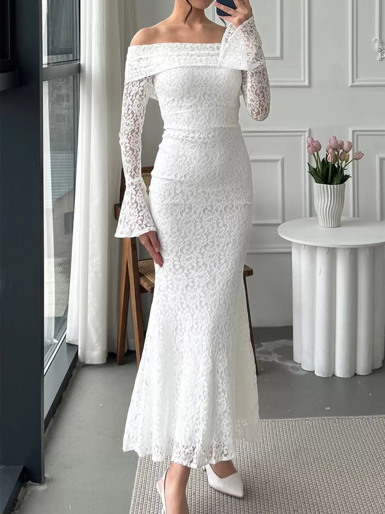 Off-Shoulder Lace Bodycon Maxi Dress by Trendsi