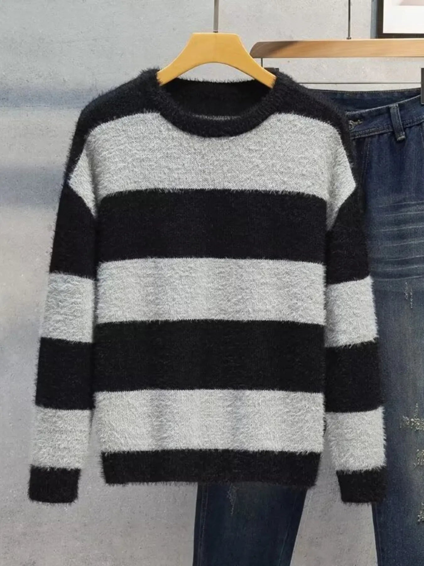 Men's Plus Size Striped Fuzzy Knit Pullover Sweater by Trendsi