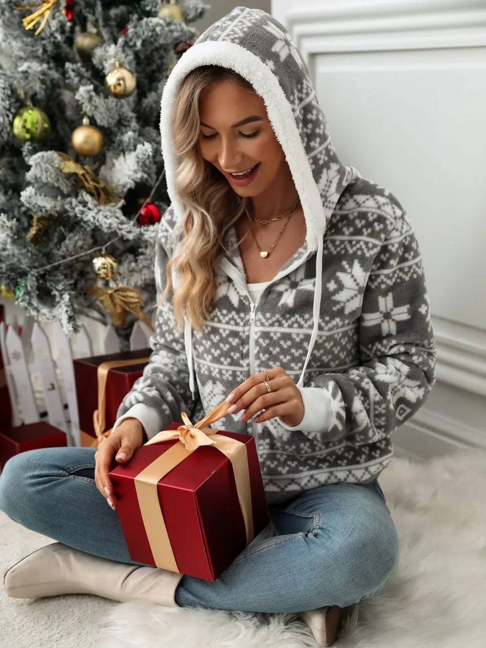Drawstring Snowflake Zip Up Hooded Outerwear by Trendsi