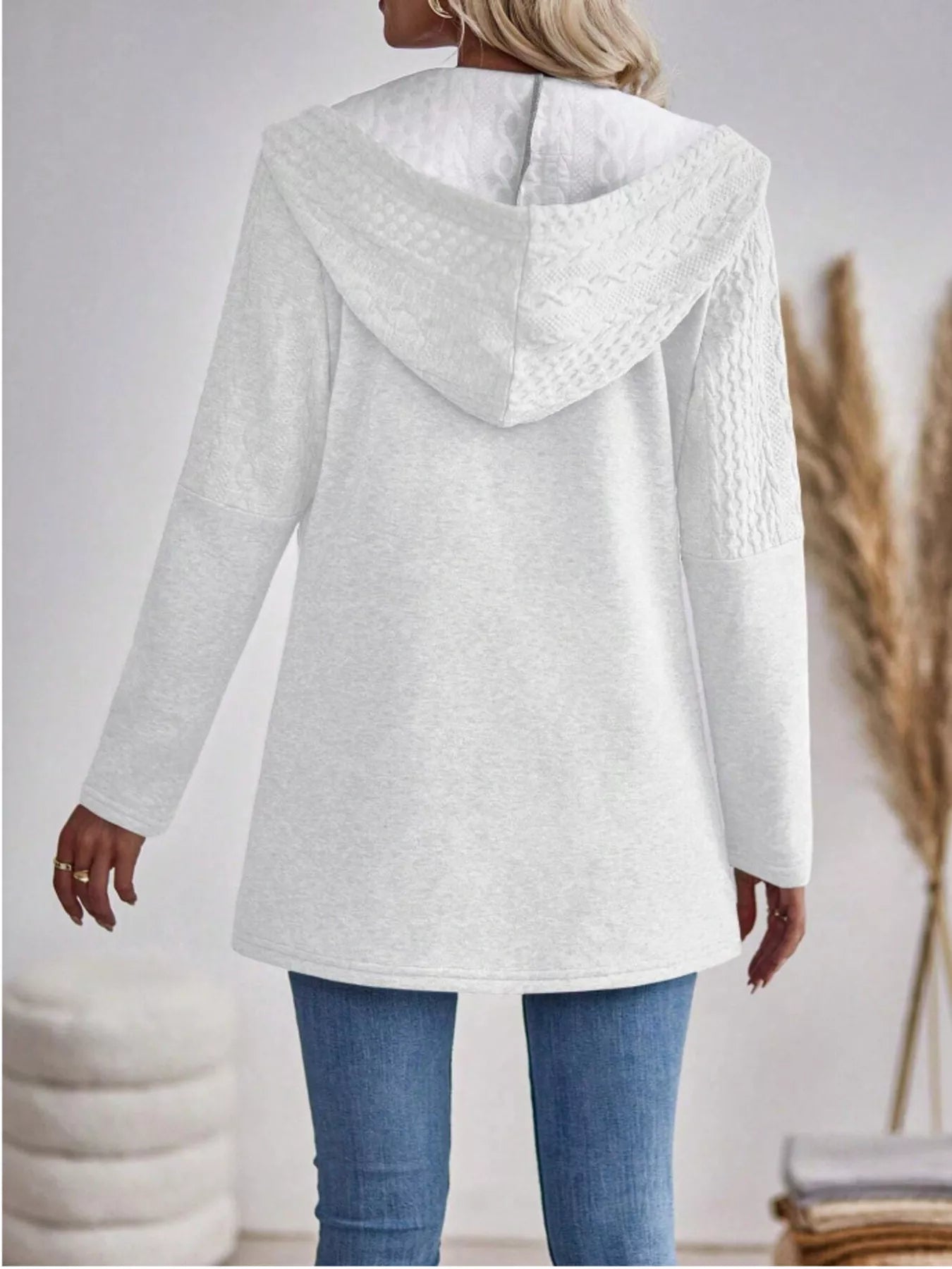 Drawstring Textured Zip Up Drawstring Hooded Jacket by Trendsi