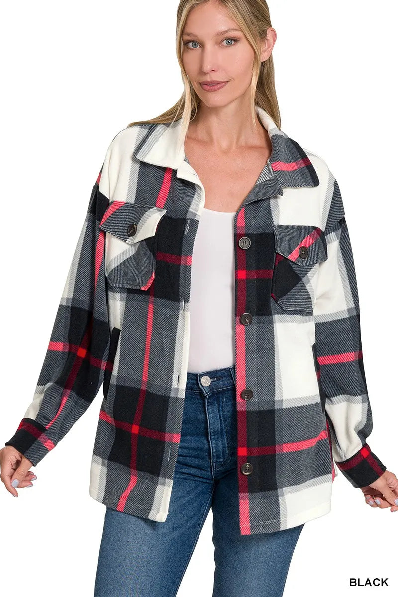 Zenana Oversized Plaid Fleece Shacket by Trendsi