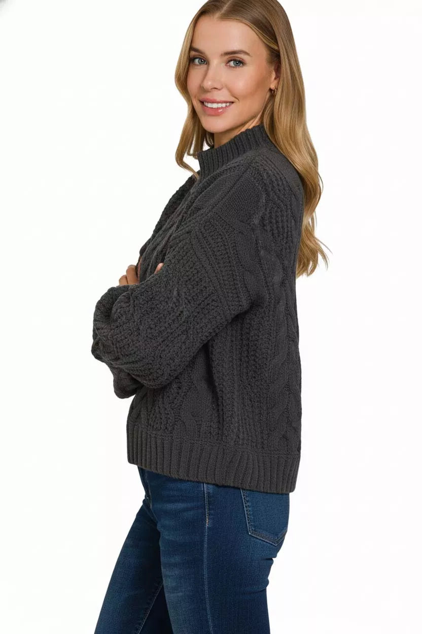 Zenana Cable-Knit Ribbed Turtleneck Sweater by Trendsi