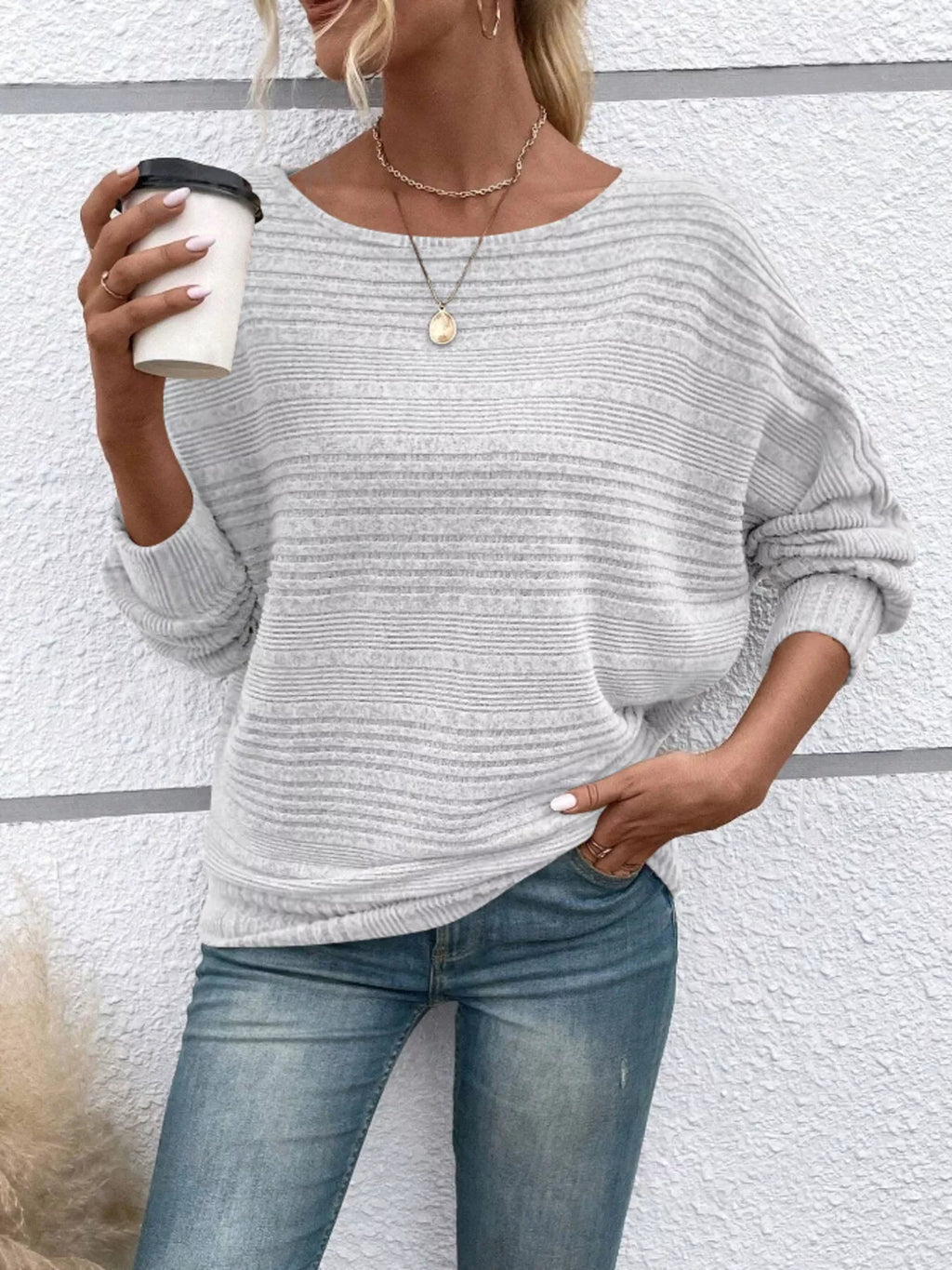 Ribbed Round Neck Long Sleeve Top by Trendsi