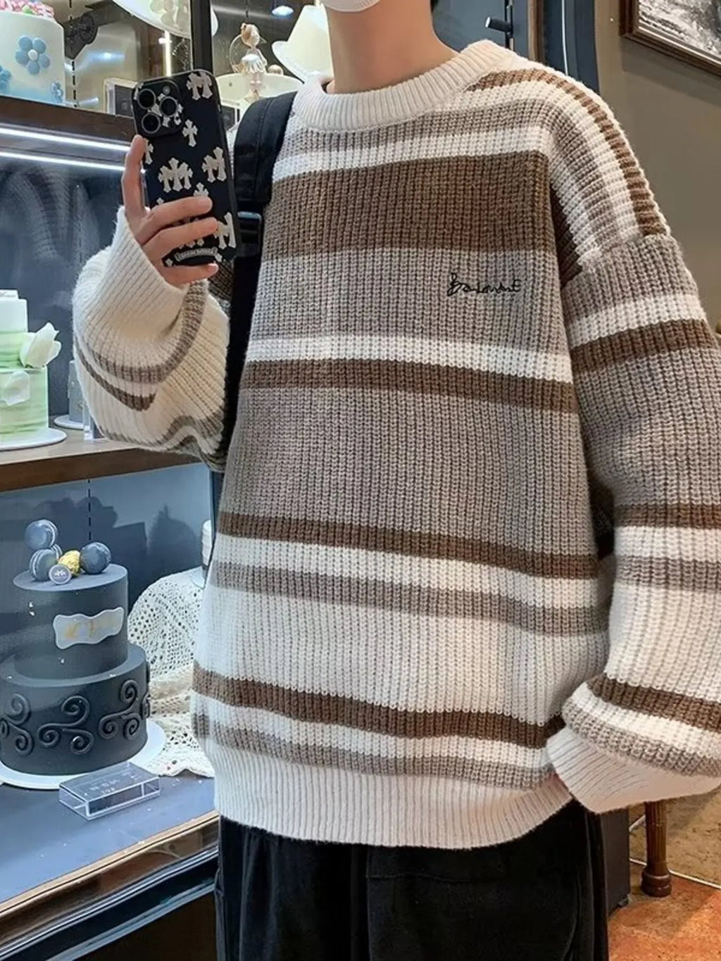 Men's Striped Knit Pullover with Embroidered Detail by Trendsi
