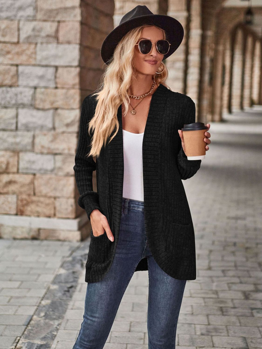 Open Front Cardigan with Pockets by Trendsi
