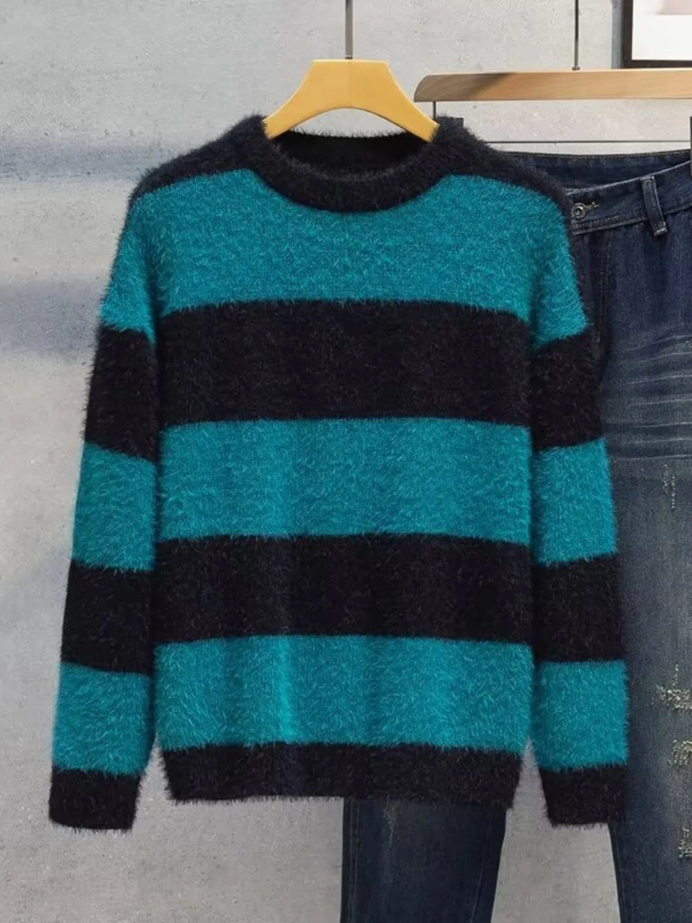 Men's Plus Size Striped Fuzzy Knit Pullover Sweater by Trendsi