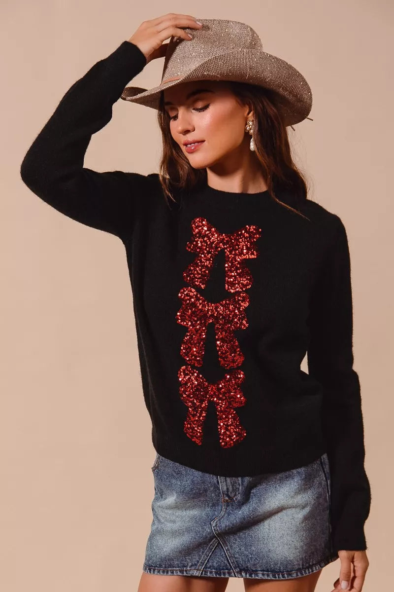 SO ME Sequins Bow Ribbon Embellished Christmas Sweater by Trendsi