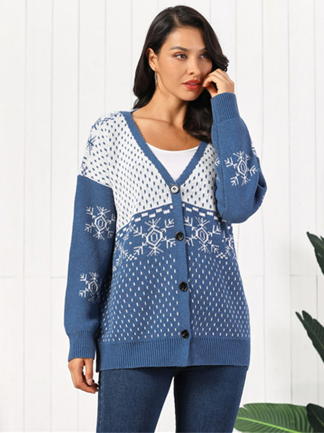 Snowflake Button Down Cardigan by Trendsi
