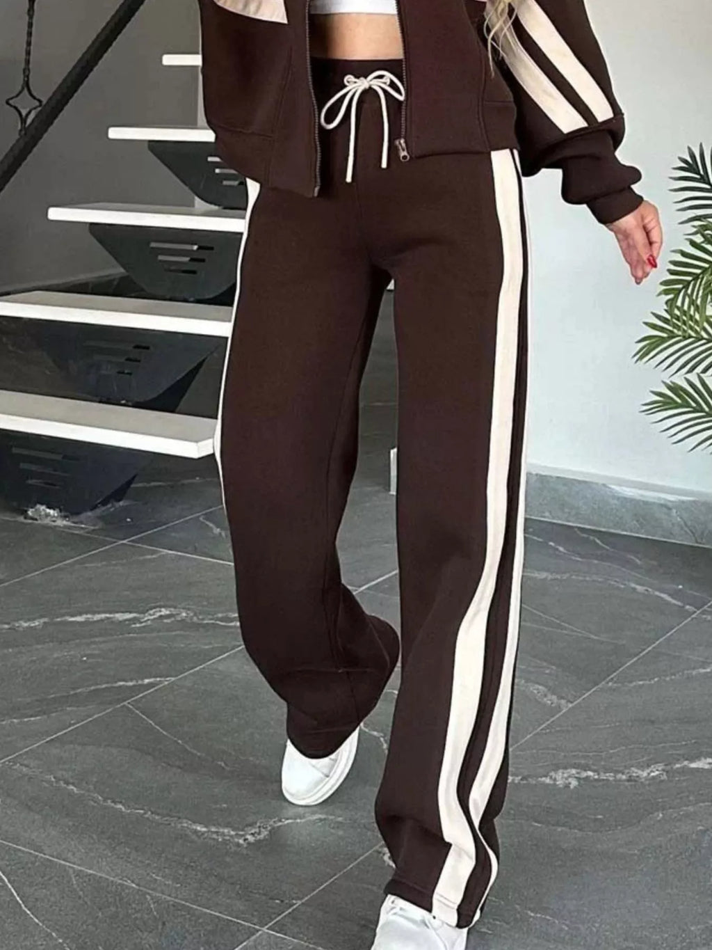Full Size Contrast Stripe Zip Up Jacket and Pants Set Plus Size by Trendsi