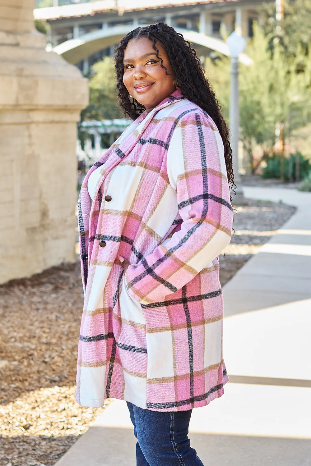Double Take Full Size Plaid Button Up Lapel Collar Coat by Trendsi