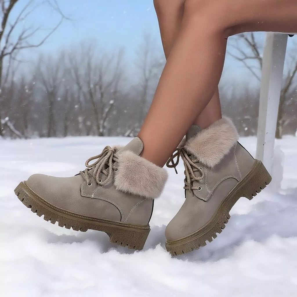 Lace Up Round Toe Block Heels Boots by Trendsi