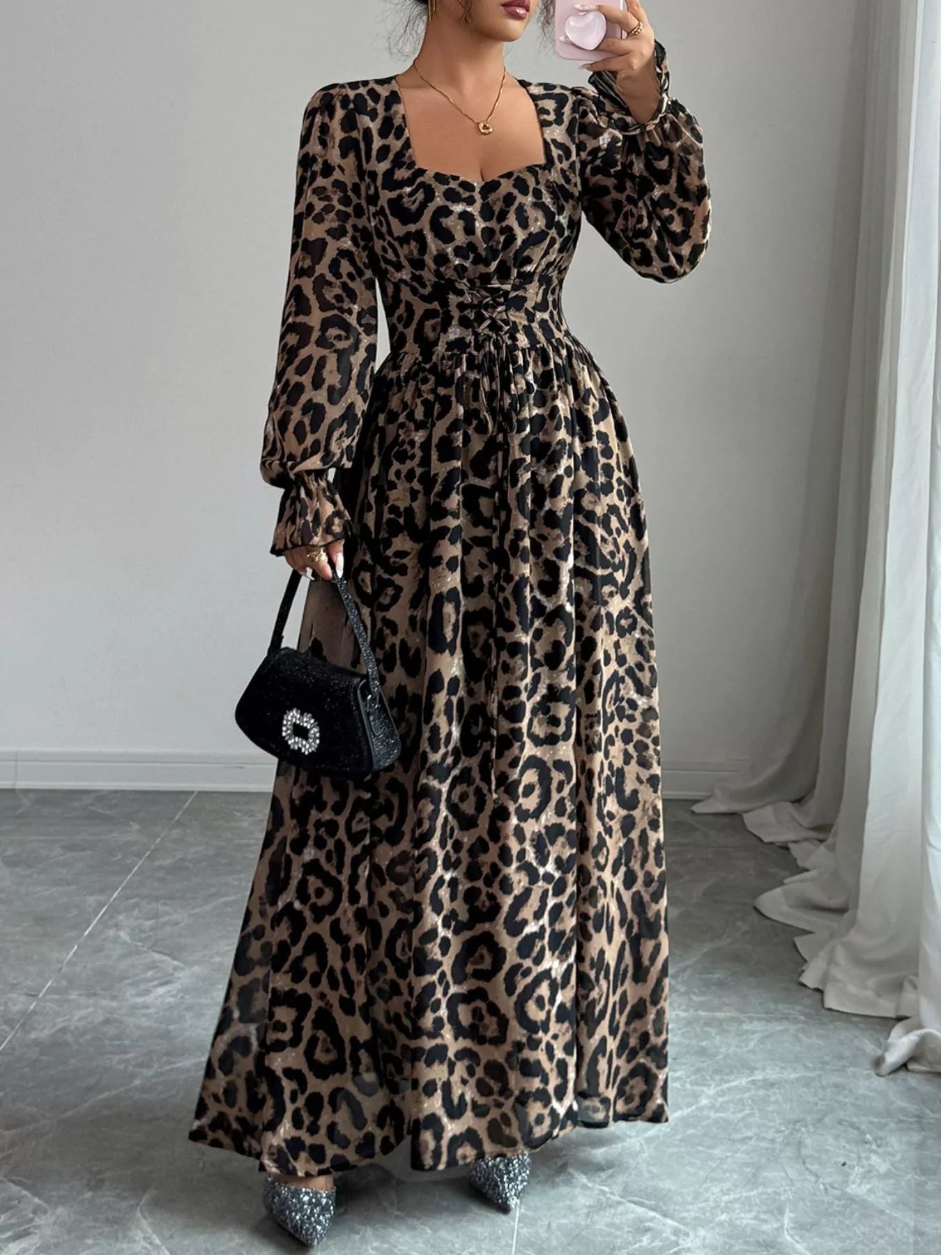 Leopard Sweetheart Neck Flounce Sleeve Maxi Dress by Trendsi