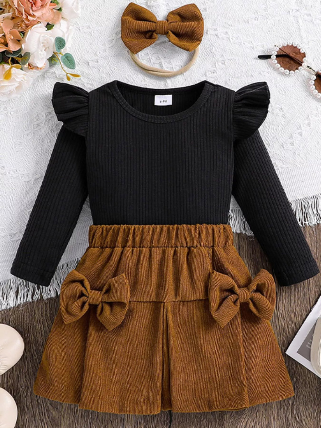 Children's Ribbed Top and Bow Skirt Set with Headband by Trendsi