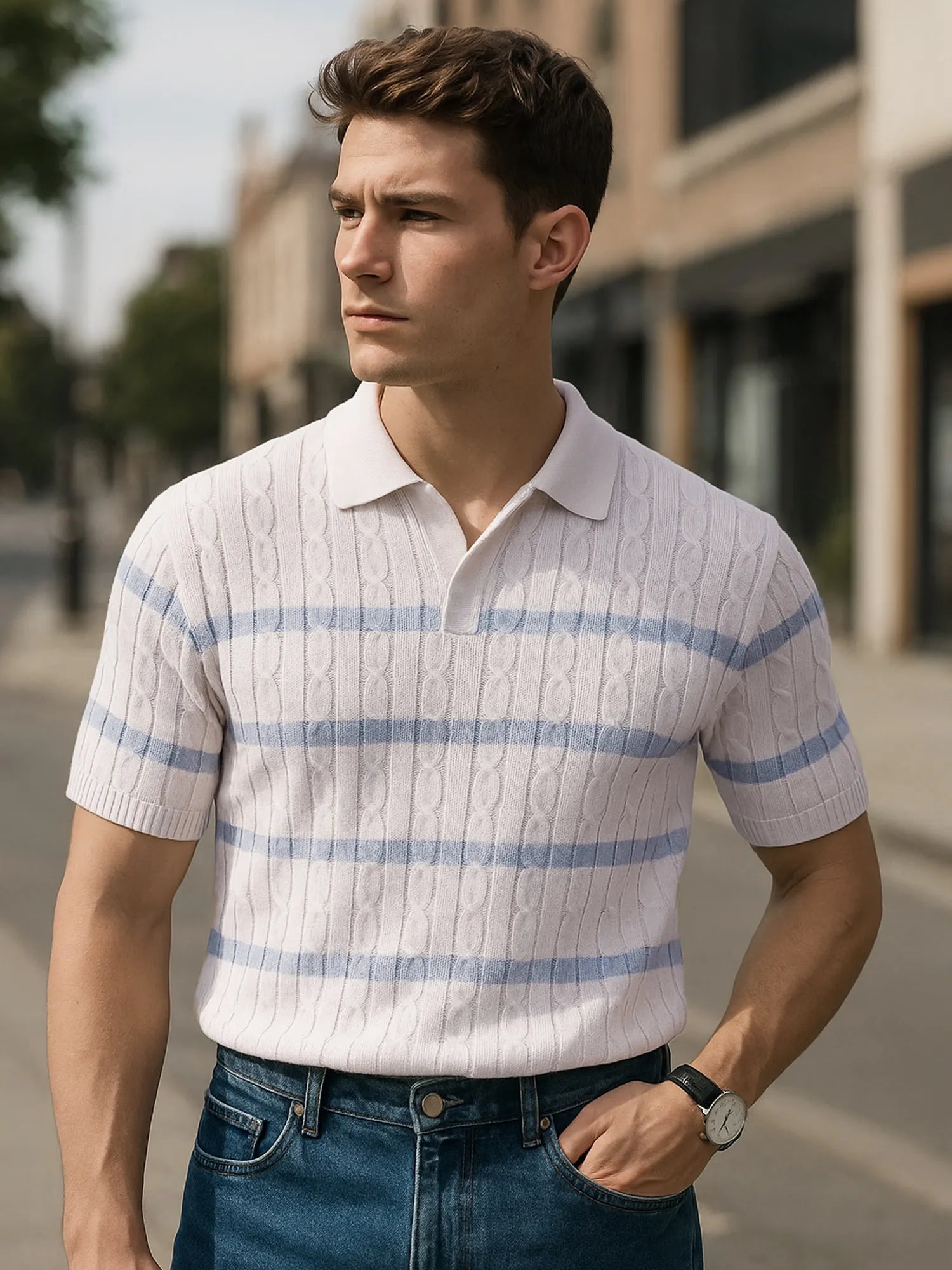 Men's Full Size Striped Short Sleeve Polo Plus Size by Trendsi