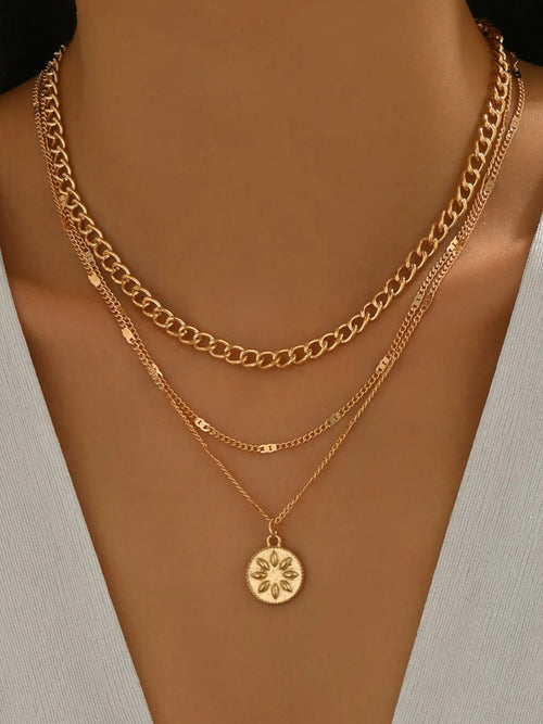 18K Gold-Plated Layered Necklace with Sun Medallion Pendant by Trendsi