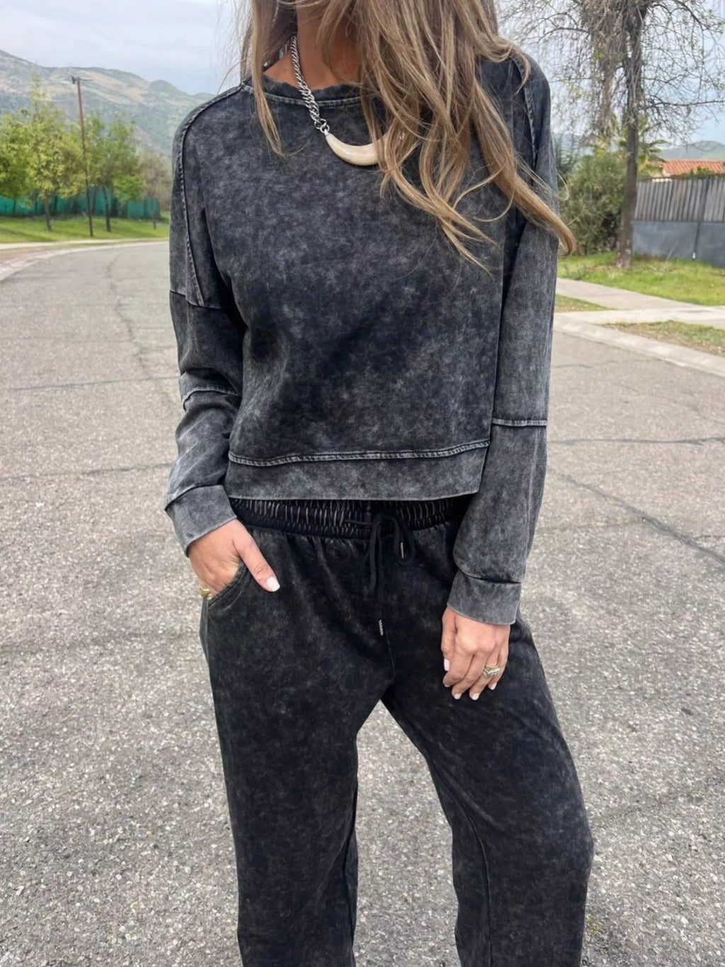 Full Size Washed Round Neck Top and Drawstring Pants Set Plus Size by Trendsi