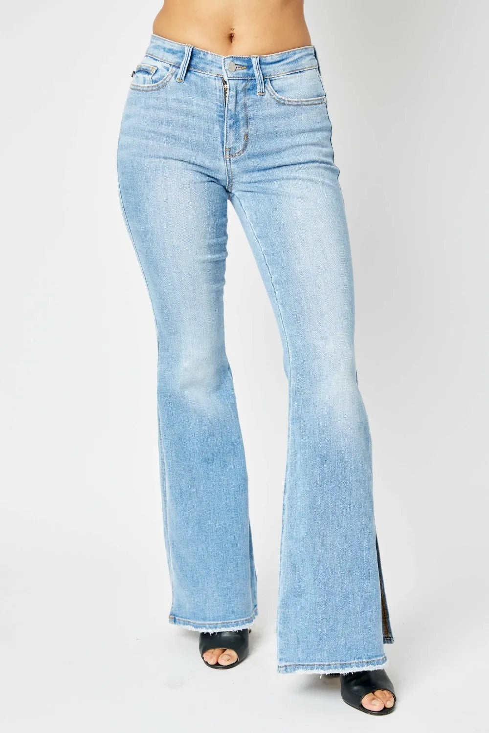 Judy Blue Full Size Mid Rise Raw Hem Slit Flare Jeans by Trendsi