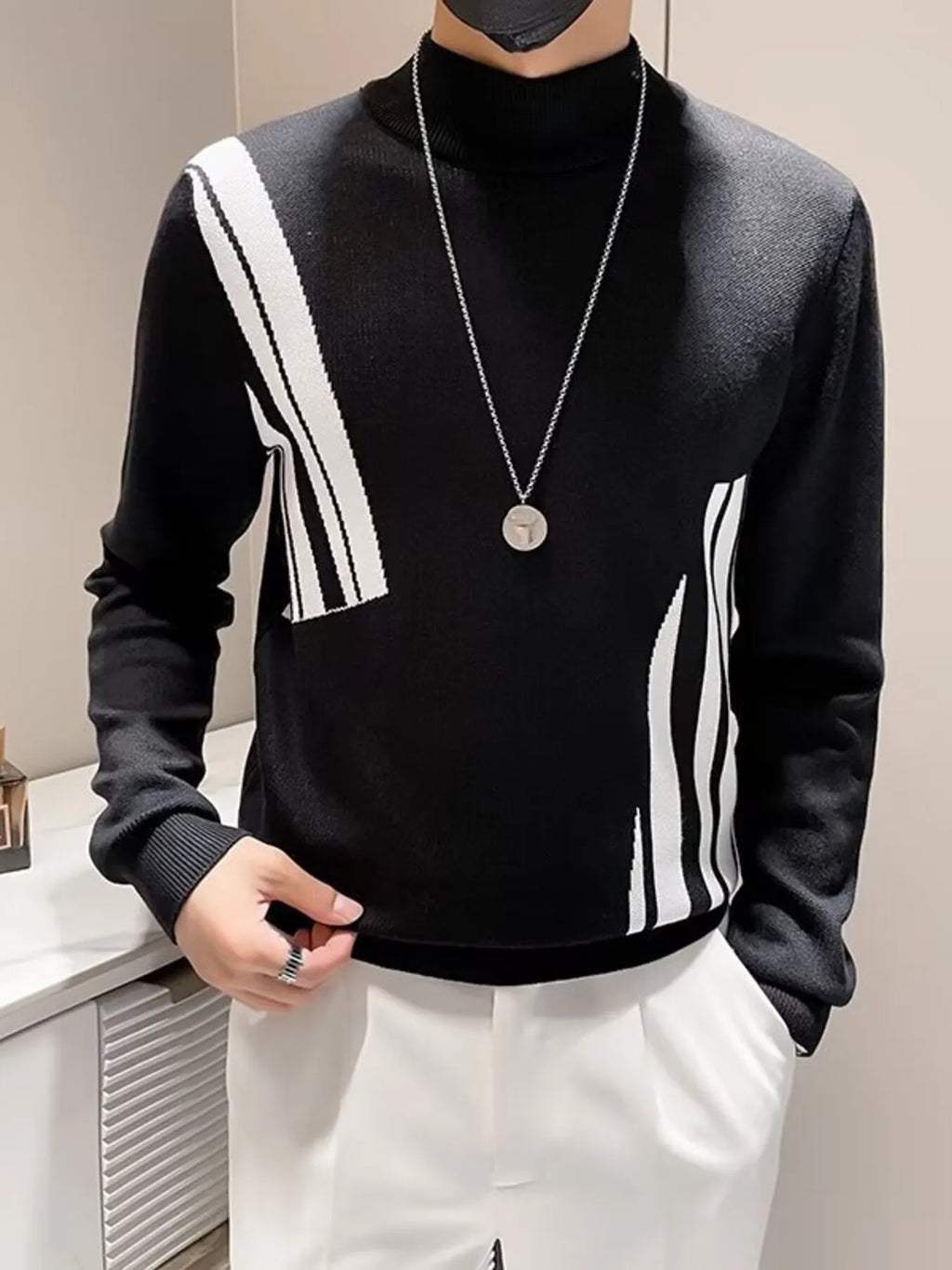 Men's Plus Size Striped Pattern Turtleneck Pullover by Trendsi