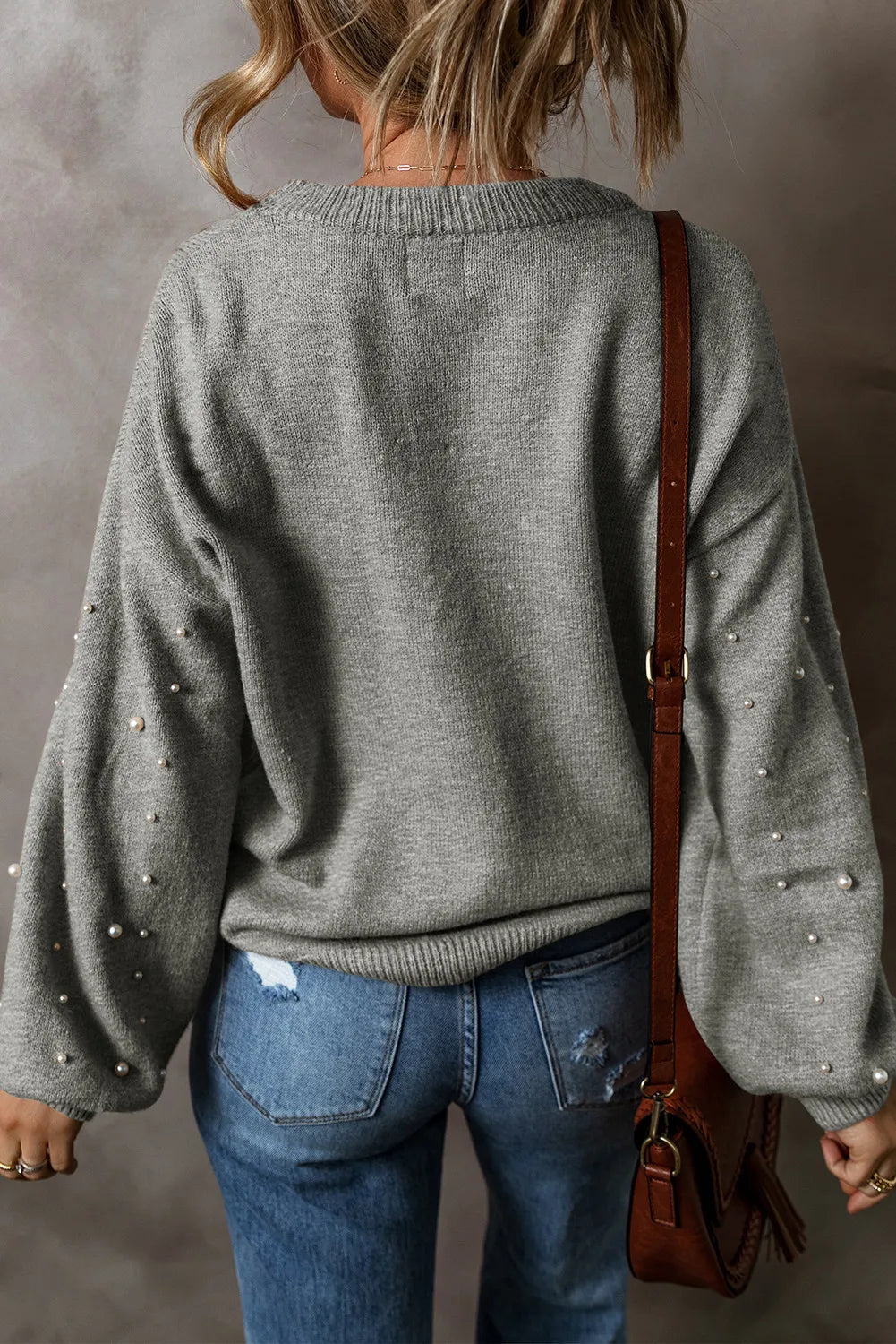 Pearl Detail Round Neck Long Sleeve Sweater by Trendsi