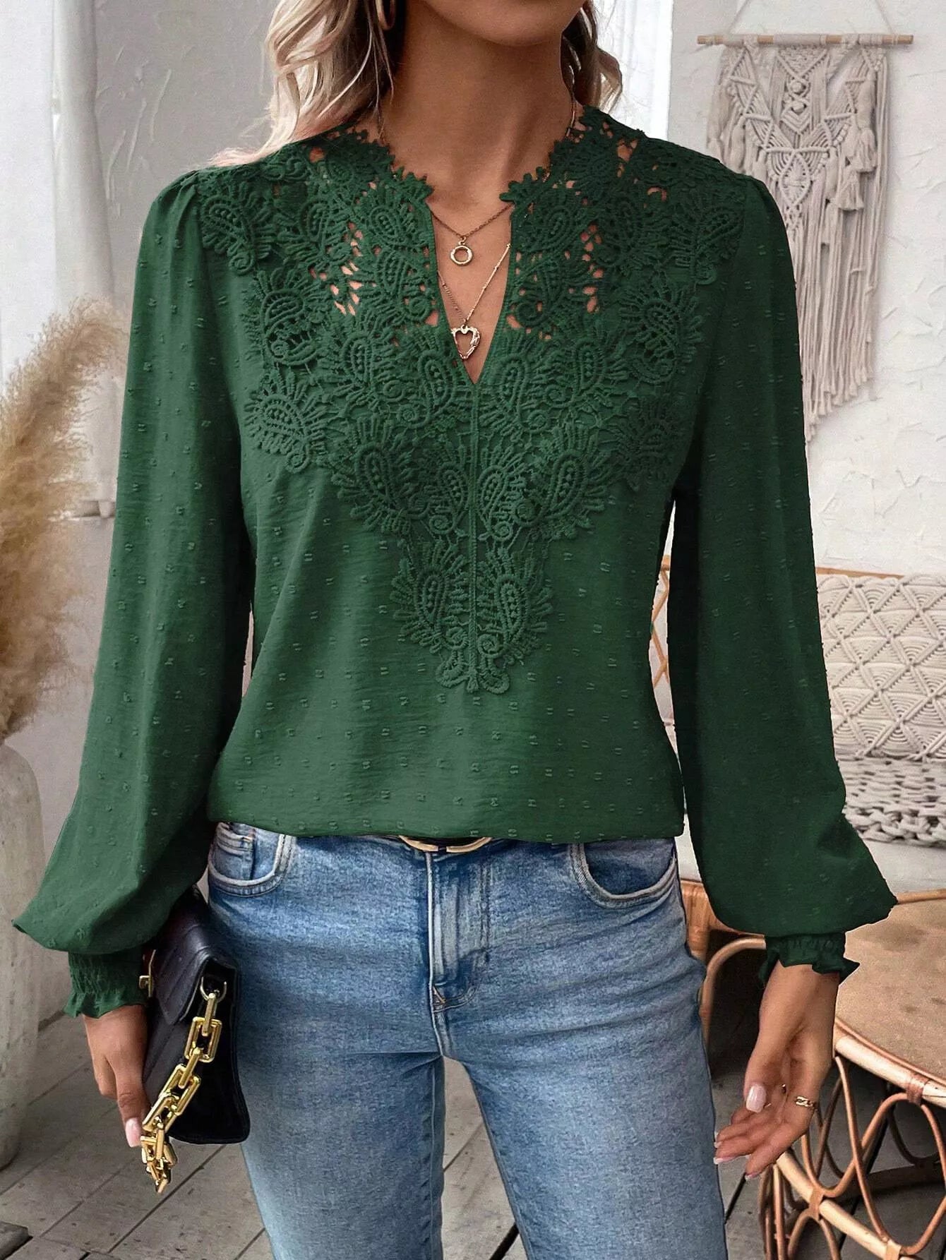 Swiss Dot Lace Detail Long Sleeve Blouse by Trendsi