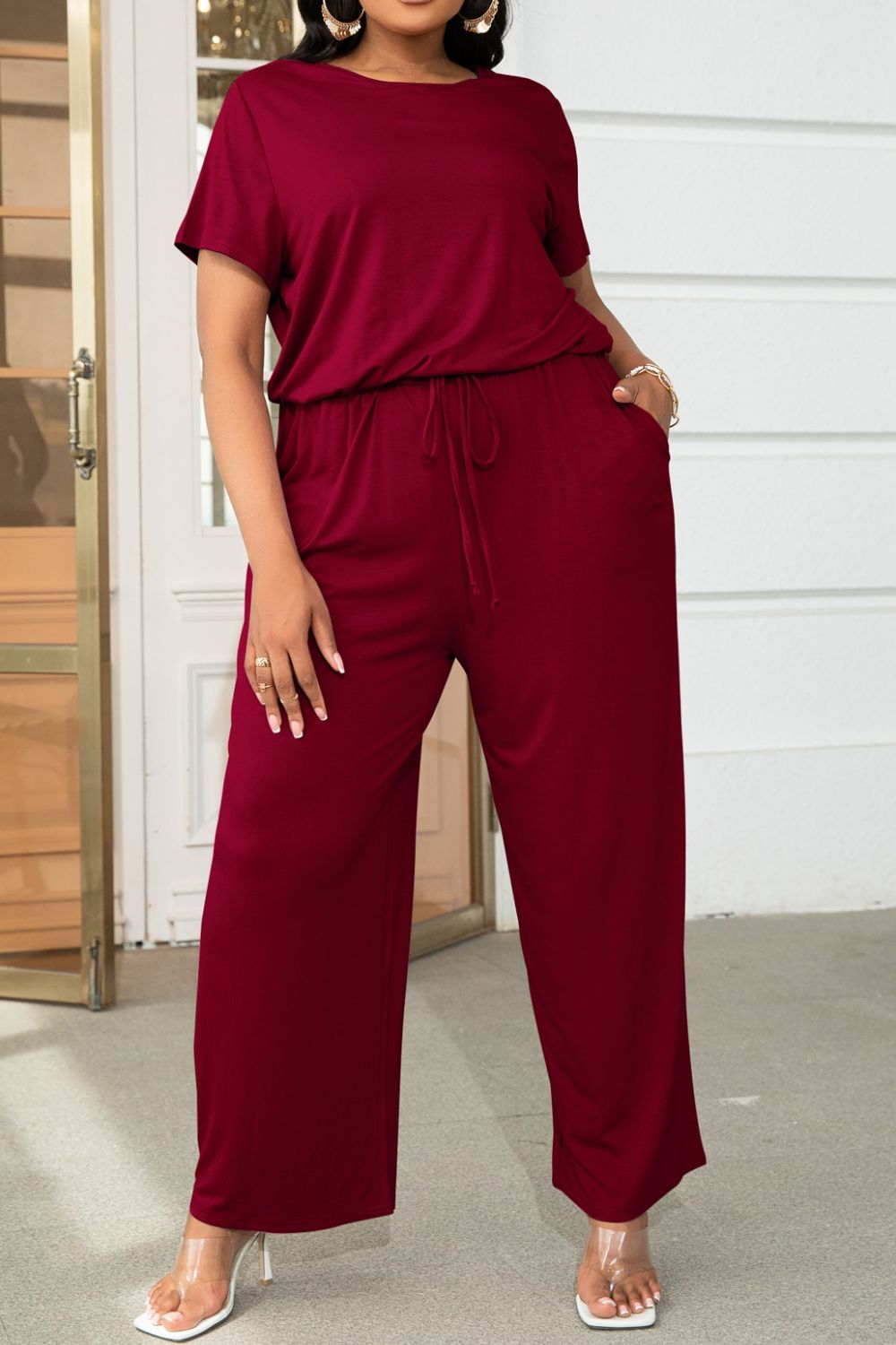 Plus Size Drawstring Waist Short Sleeve Jumpsuit by Trendsi
