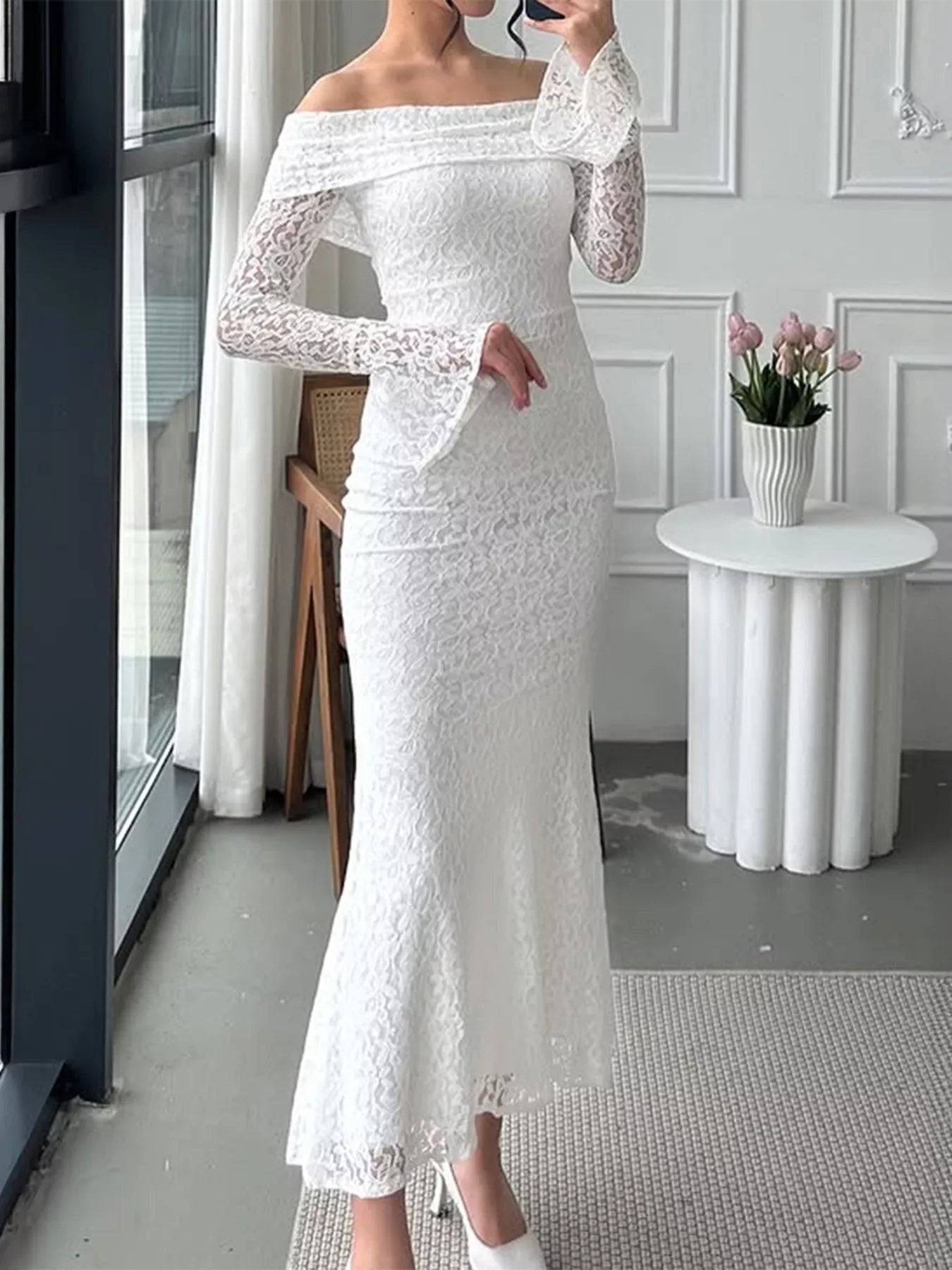 Off-Shoulder Lace Bodycon Maxi Dress by Trendsi