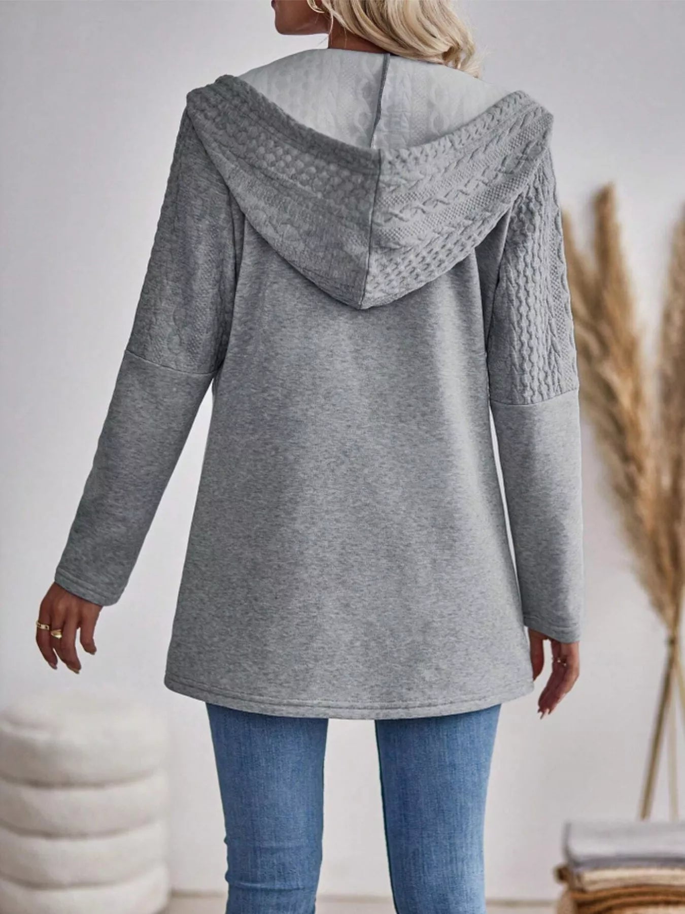Drawstring Textured Zip Up Drawstring Hooded Jacket by Trendsi