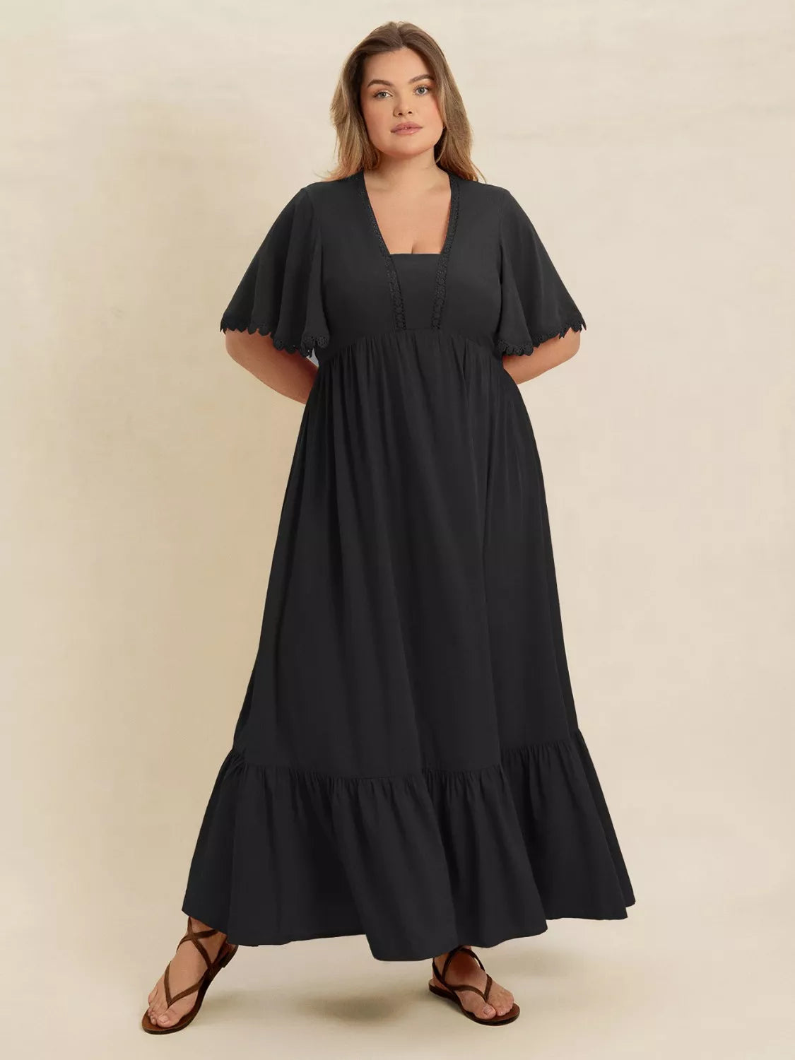 Plus Size Boho Ruffled Maxi Dress with Flutter Sleeves by Trendsi