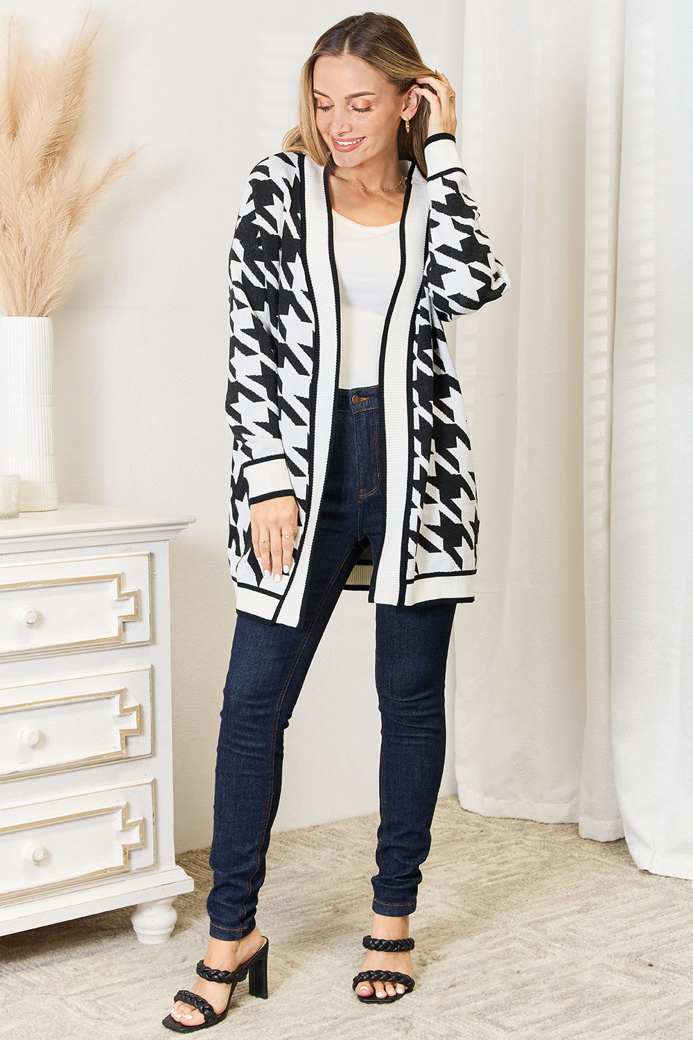 Mandy Woven Right Houndstooth Open Front Longline Cardigan by Trendsi