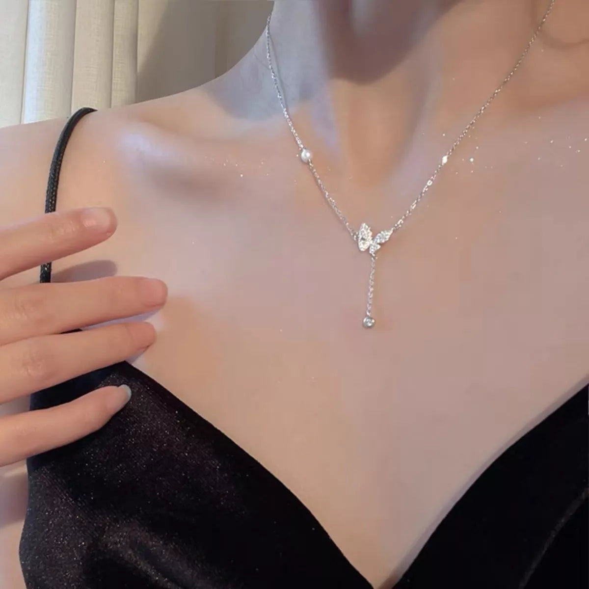 925 Sterling Silver Zircon Butterfly Necklace by Trendsi