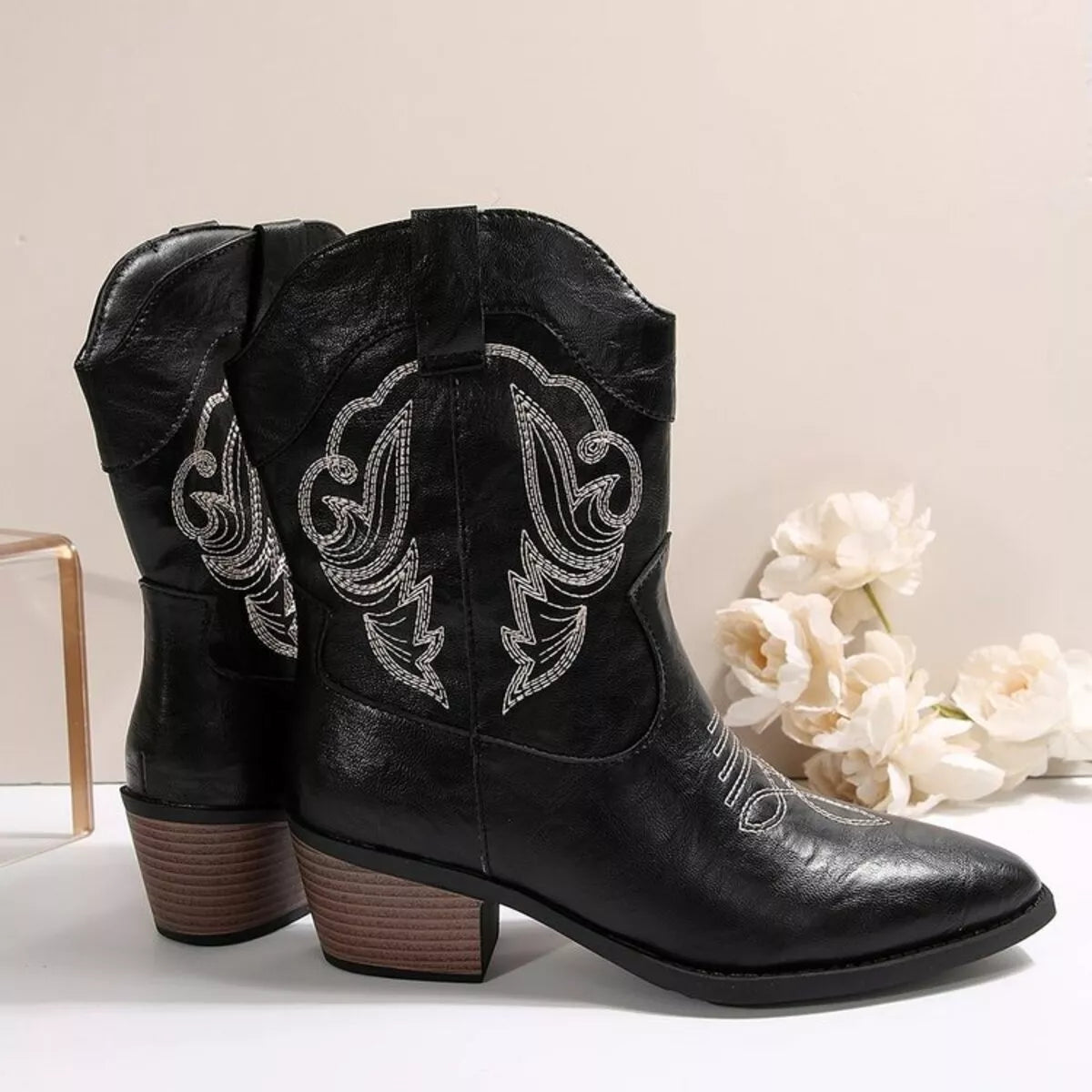 Western Cowboy Boots with Embroidered Design by Trendsi