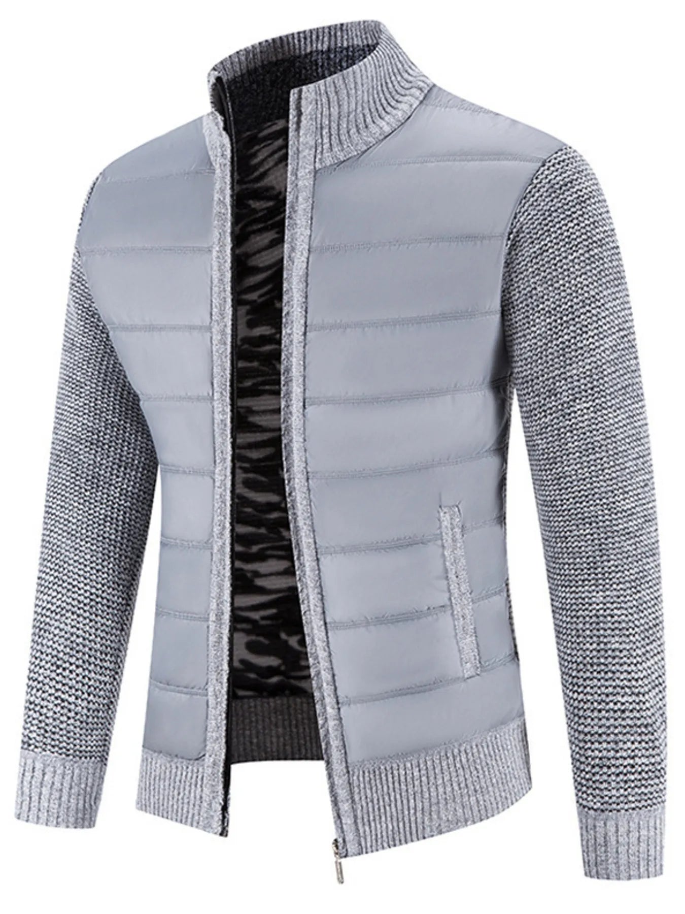 Men's Plus Size Quilted Knit Bomber Jacket with Stand Collar by Trendsi
