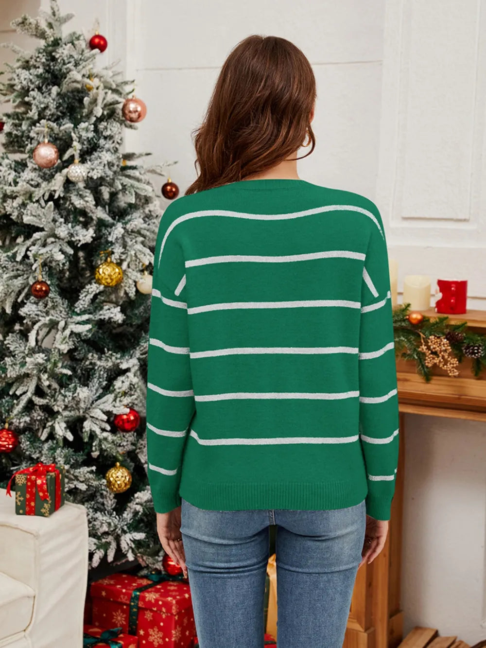 Sequin Santa Striped Round Neck Long Sleeve Sweater by Trendsi
