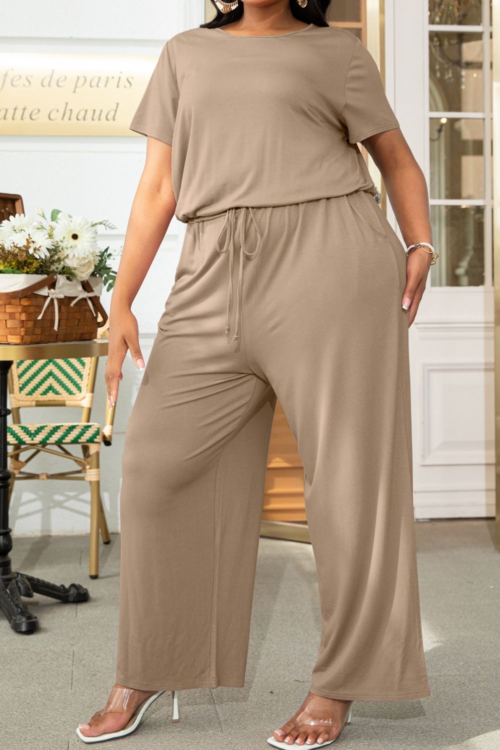 Plus Size Drawstring Waist Short Sleeve Jumpsuit by Trendsi