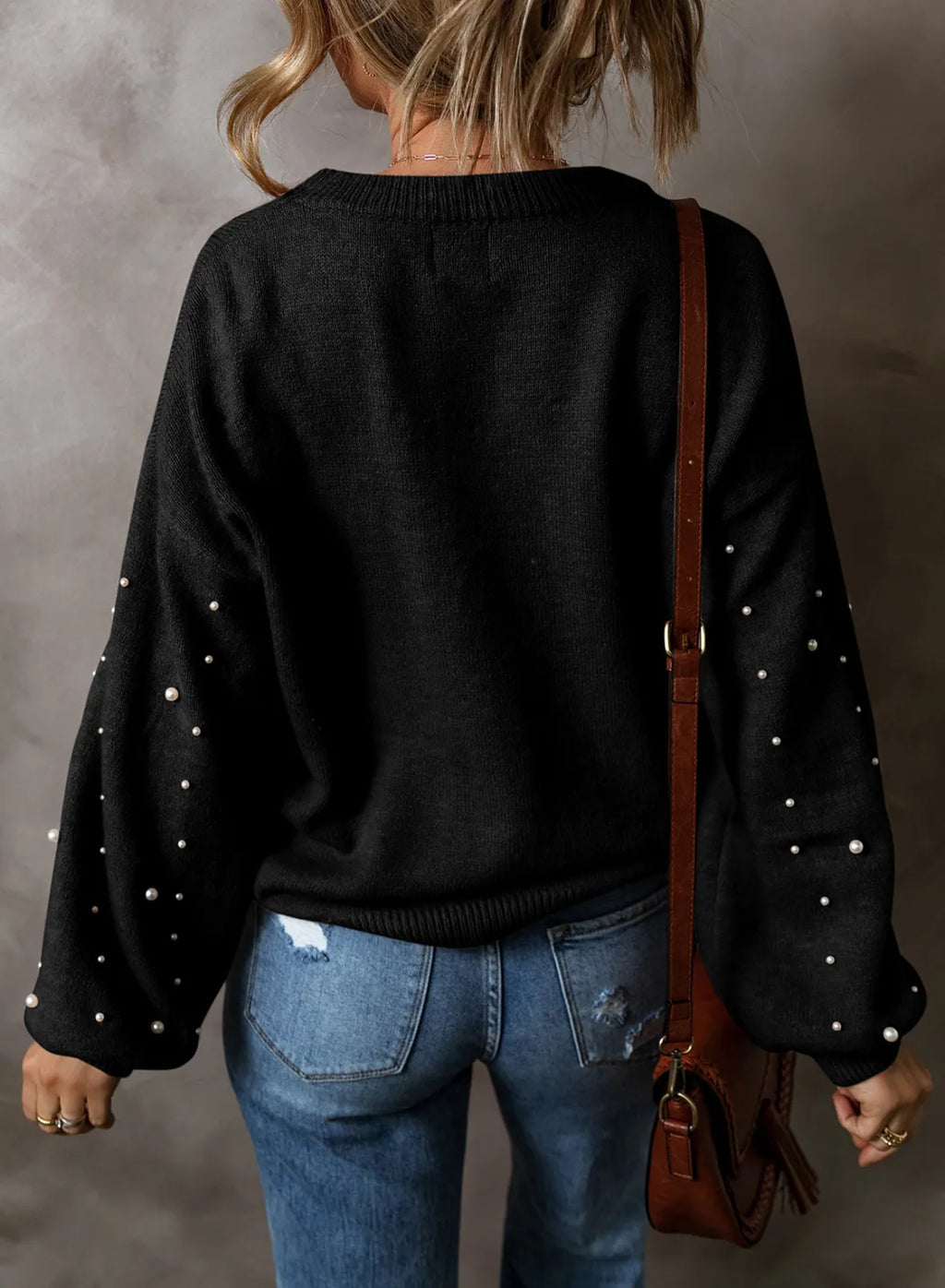 Pearl Detail Round Neck Long Sleeve Sweater by Trendsi
