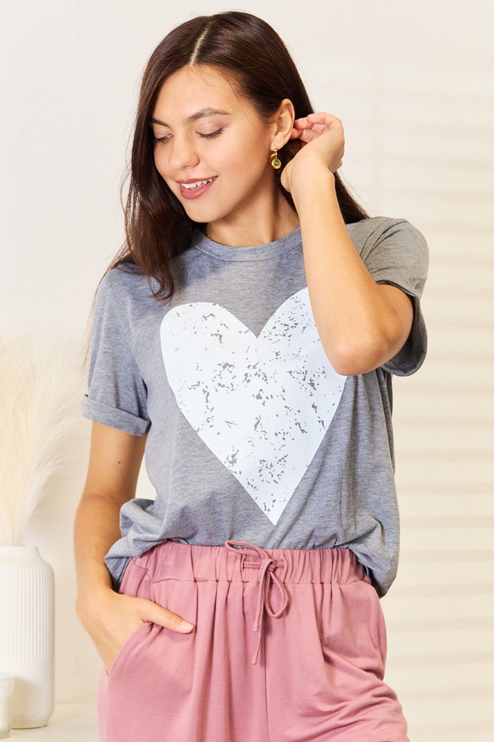 Simply Love Heart Graphic Cuffed Short Sleeve T-Shirt by Trendsi