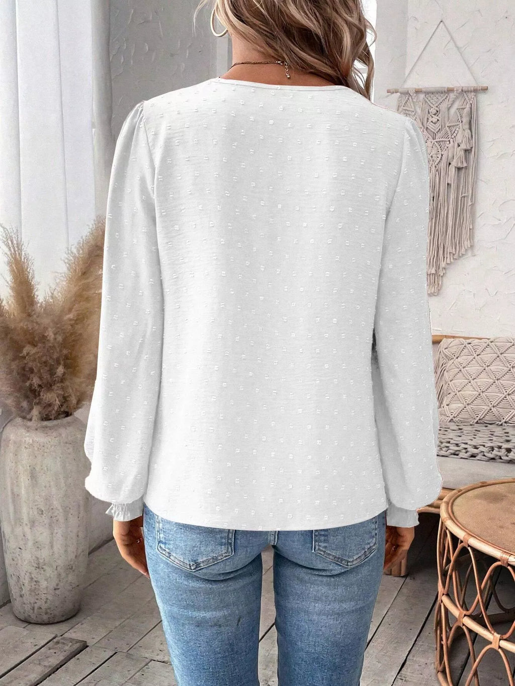 Swiss Dot Lace Detail Long Sleeve Blouse by Trendsi
