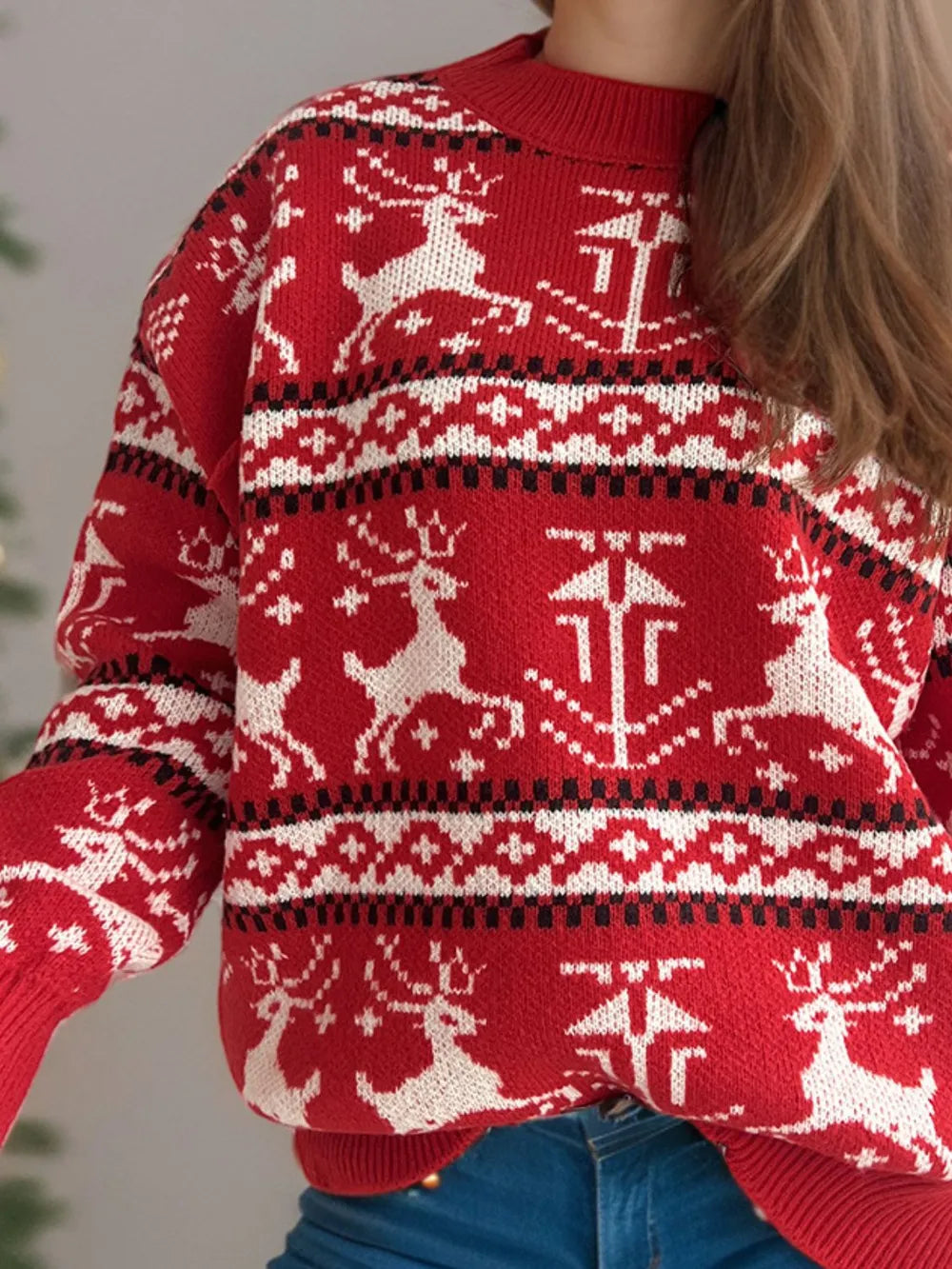 Christmas Element Round Neck Long Sleeve Sweater by Trendsi