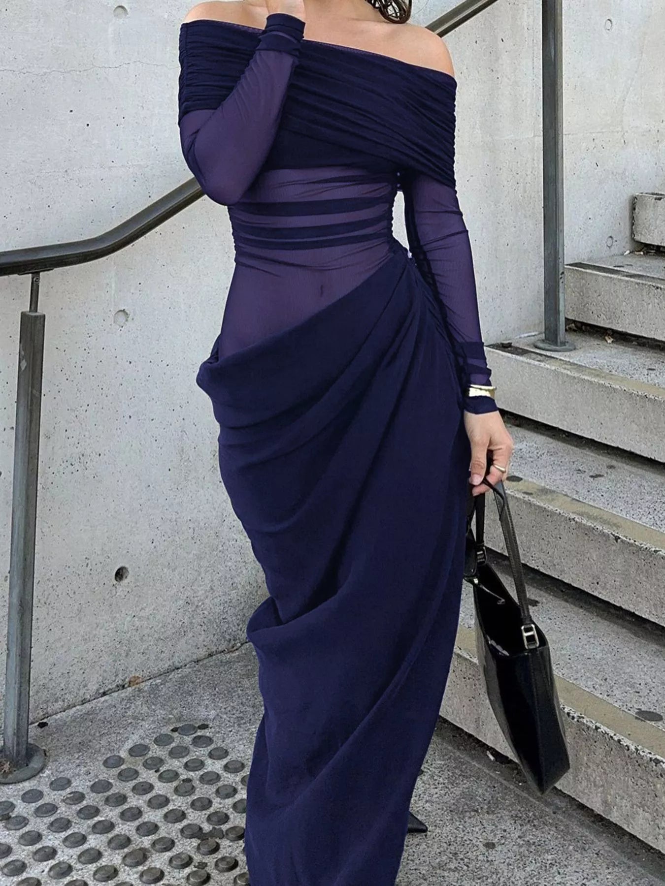 Off-Shoulder Long Sleeve Ruched Bodycon Maxi Dress by Trendsi