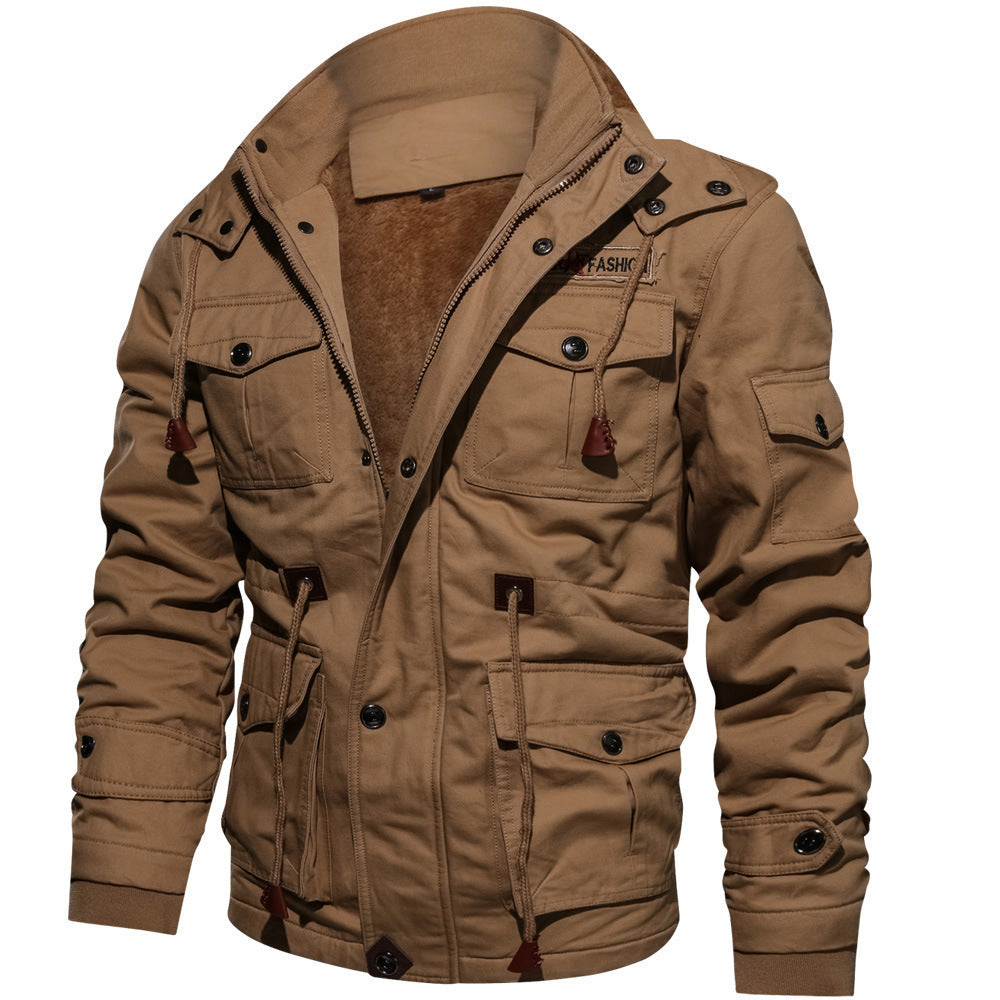 Winter Zip-up Coat Warm Thickened Detachable Hooded Jacket Multi-pocket Button Drawstring Long Sleeve Tops Men's Cargo Clothing by Estely